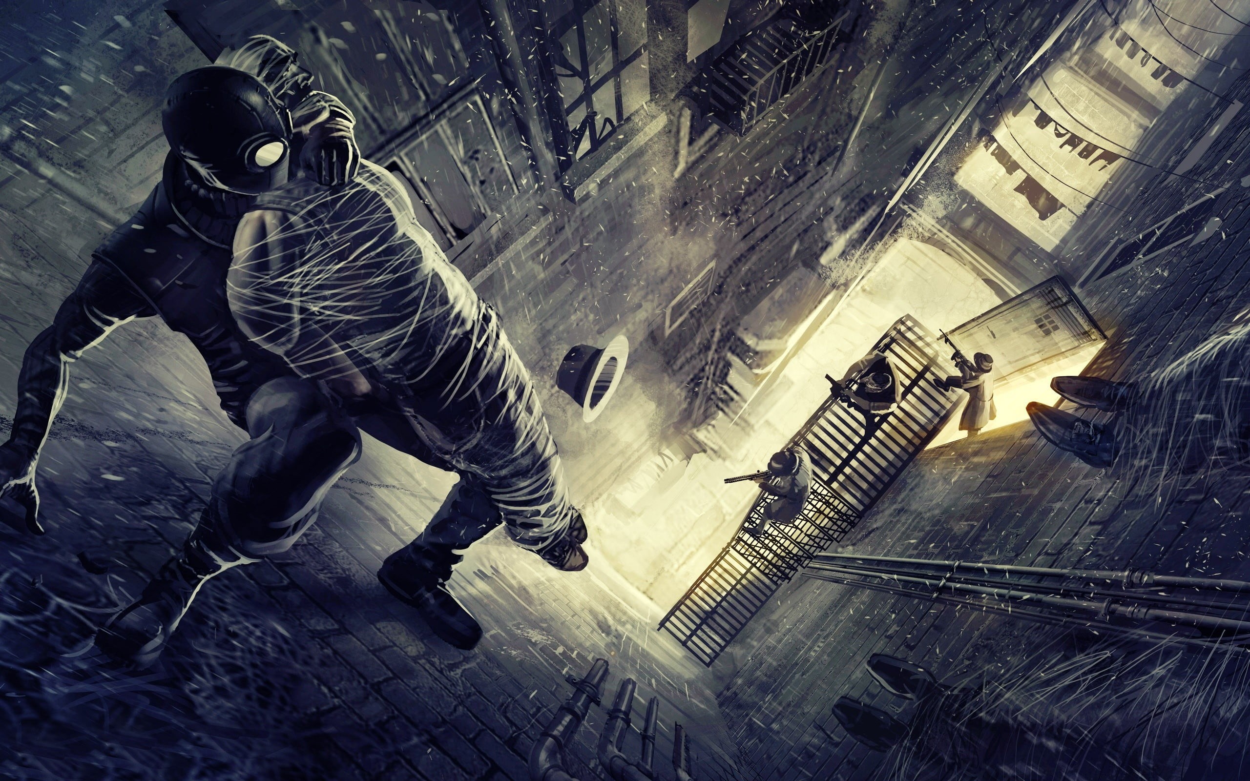 comics, street, built structure, outdoors, people, building, Spider-Man, Spider-Man Noir, full length, 2K, warm clothing, lifestyles, road, fantasy art, HD Wallpaper