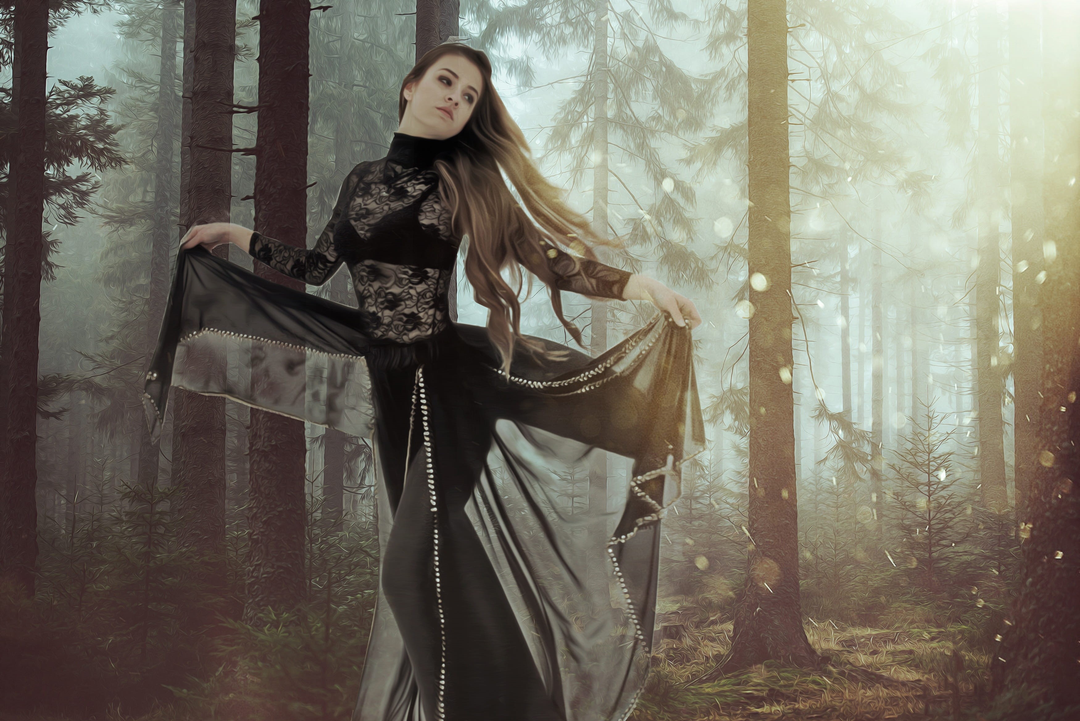 young women, nature, woodland, hairstyle, forest, beauty, beautiful woman, plant, girl, fantasy, front view, leisure activity, lifestyles, magic, dark, HD Wallpaper