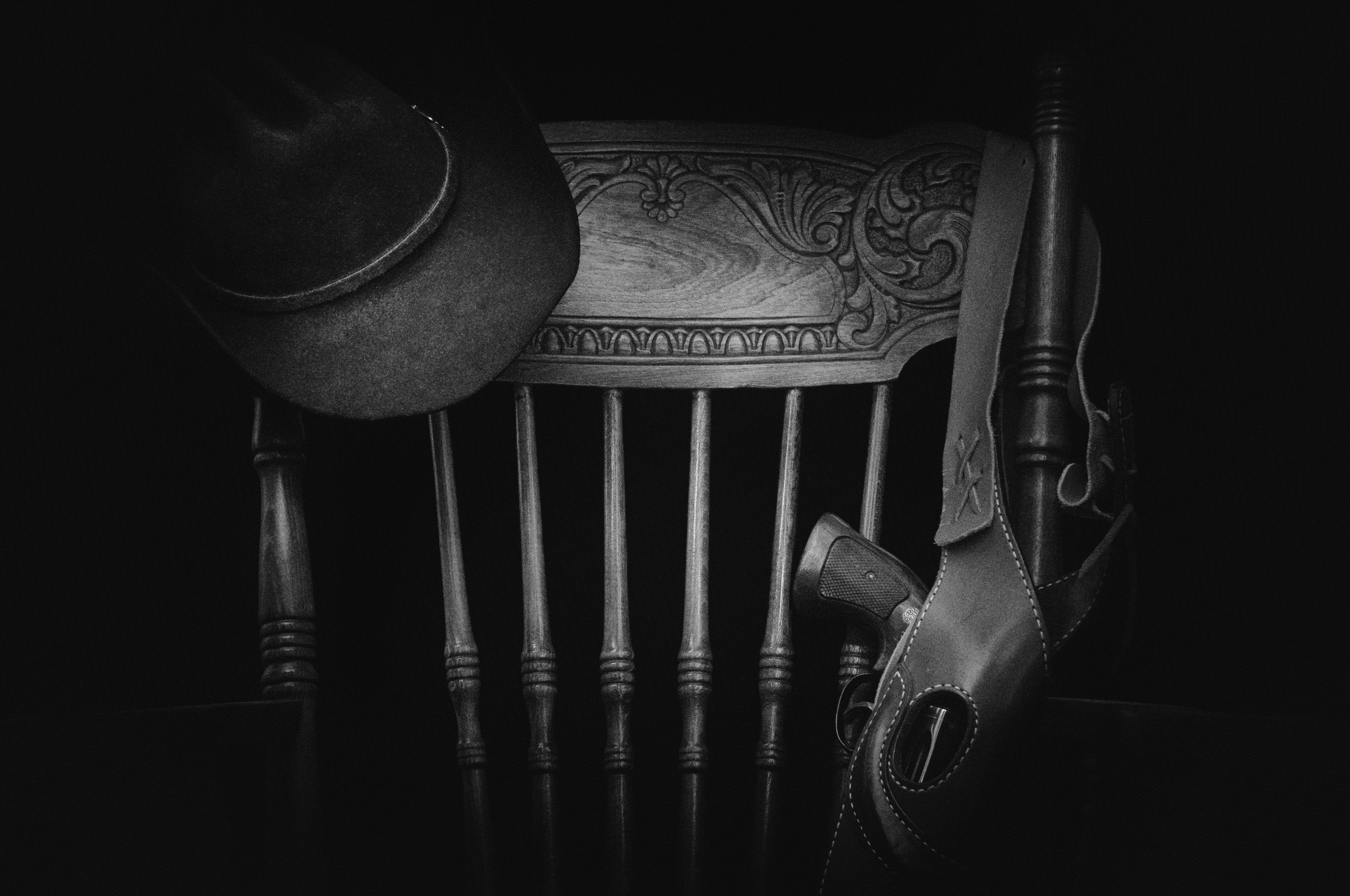 ancient, monochrome, studio shot, indoors, revolver, antique, pattern, close-up, design, black color, metal, still life, wood, black-and-white, text, shadow, HD Wallpaper