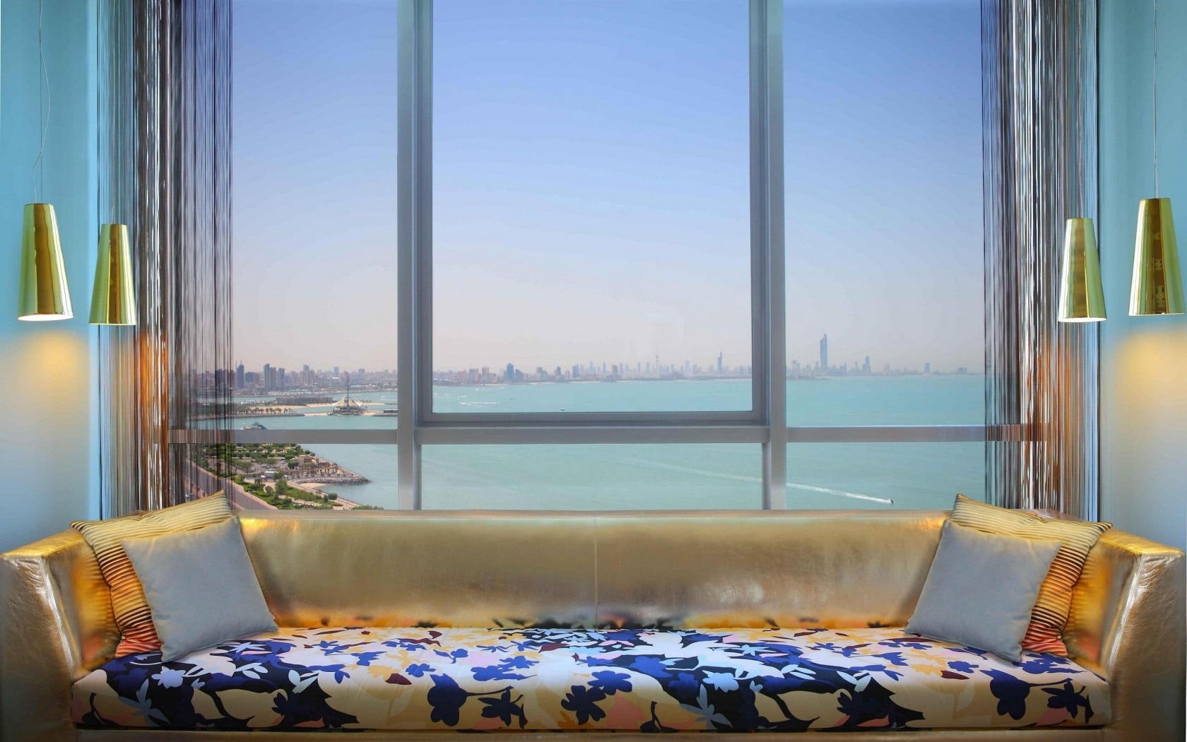 720P, elegance, wealth, design, style, absence, bed, blue, wall - Building Feature, room, sofa, home Interior, table, glass - material, looking At View, HD Wallpaper
