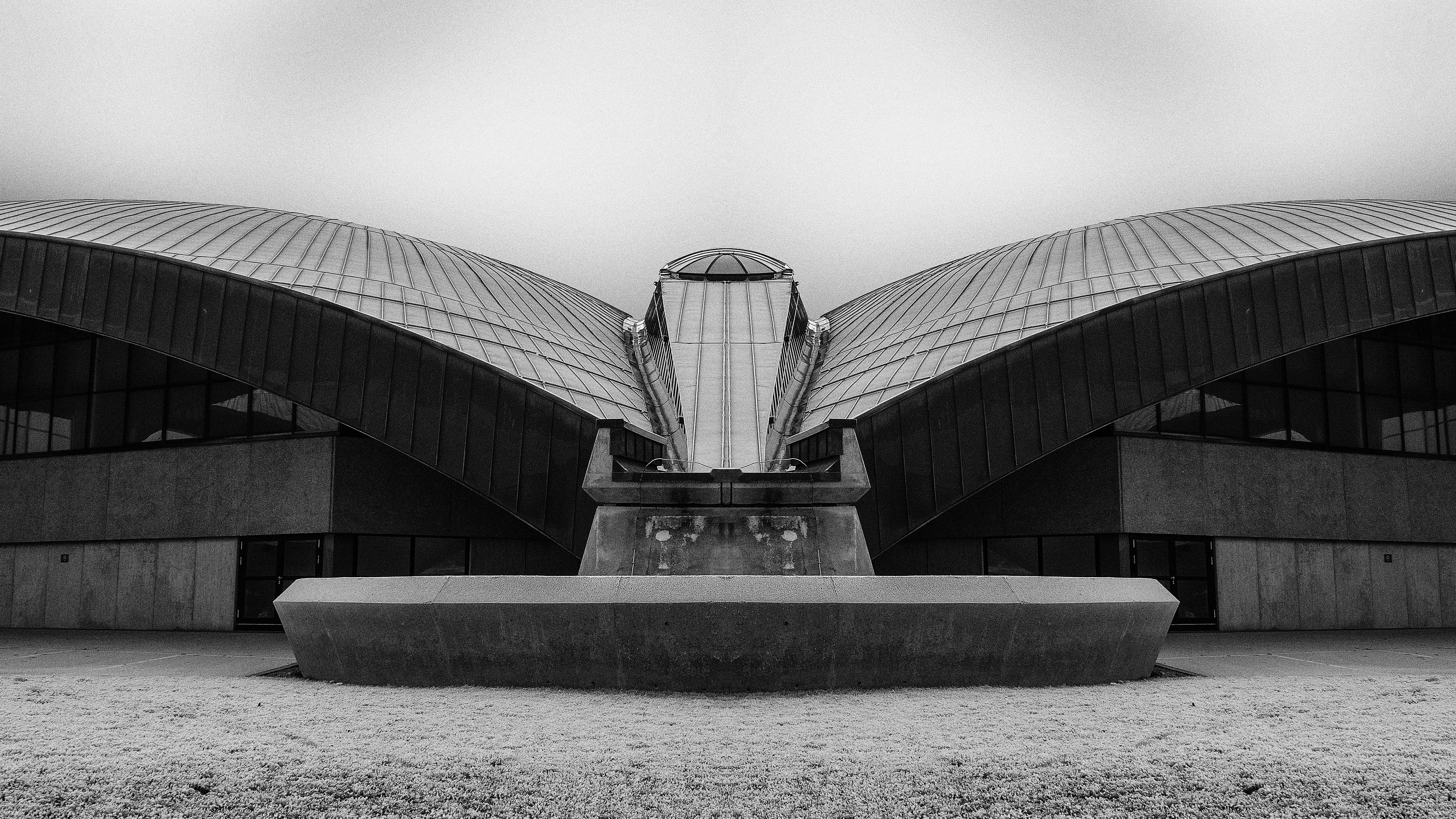 sky, bridge - man made structure, day, planetarium, architecture, brutalism, modern, connection, staircase, built structure, water, luxembourg, architecturephotography, HD Wallpaper