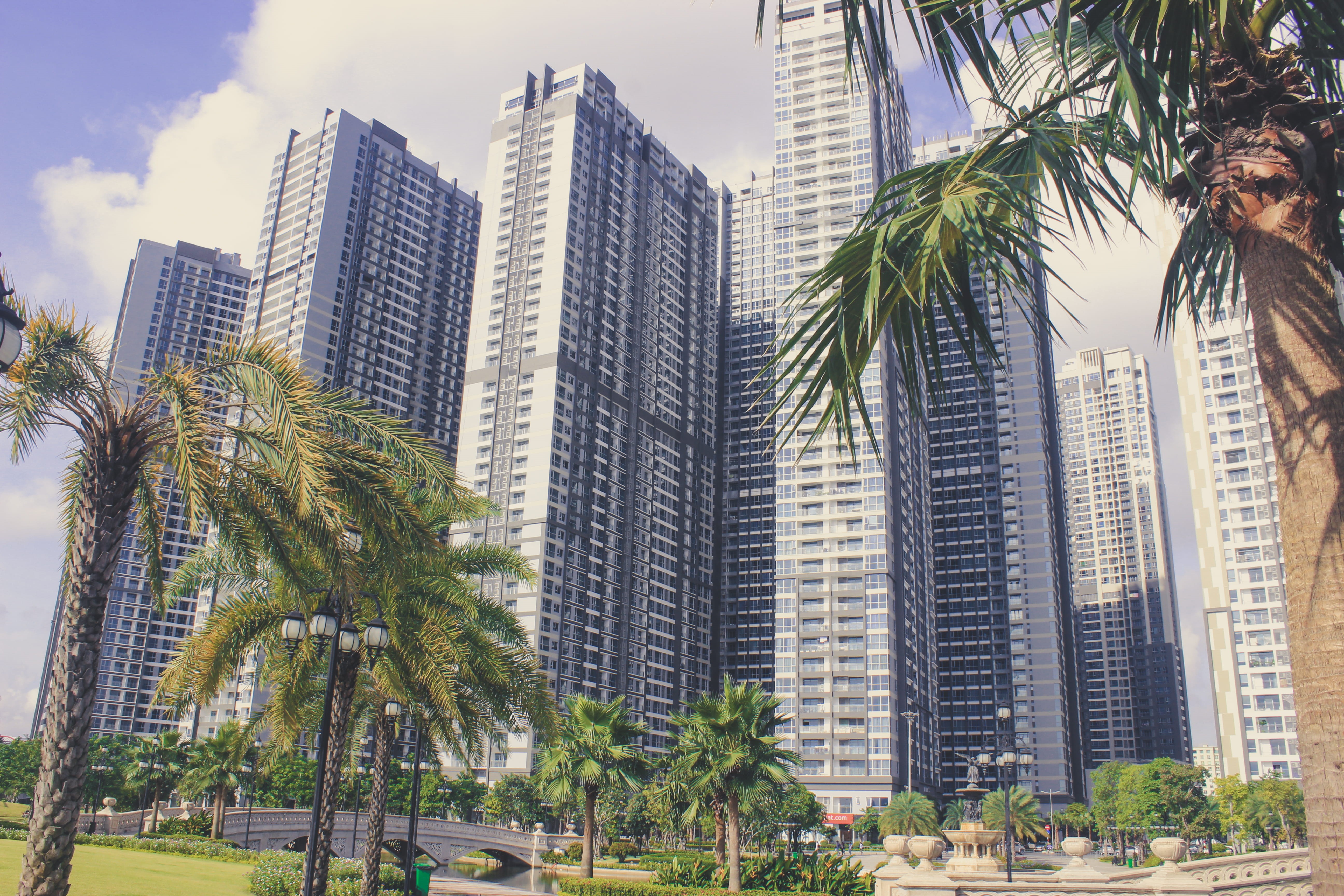 luxury, tropical climate, palm tree, tree, architecture, growth, city, tall - high, vincome, tropical tree, skyscraper, day, riverside, park, residential district, HD Wallpaper