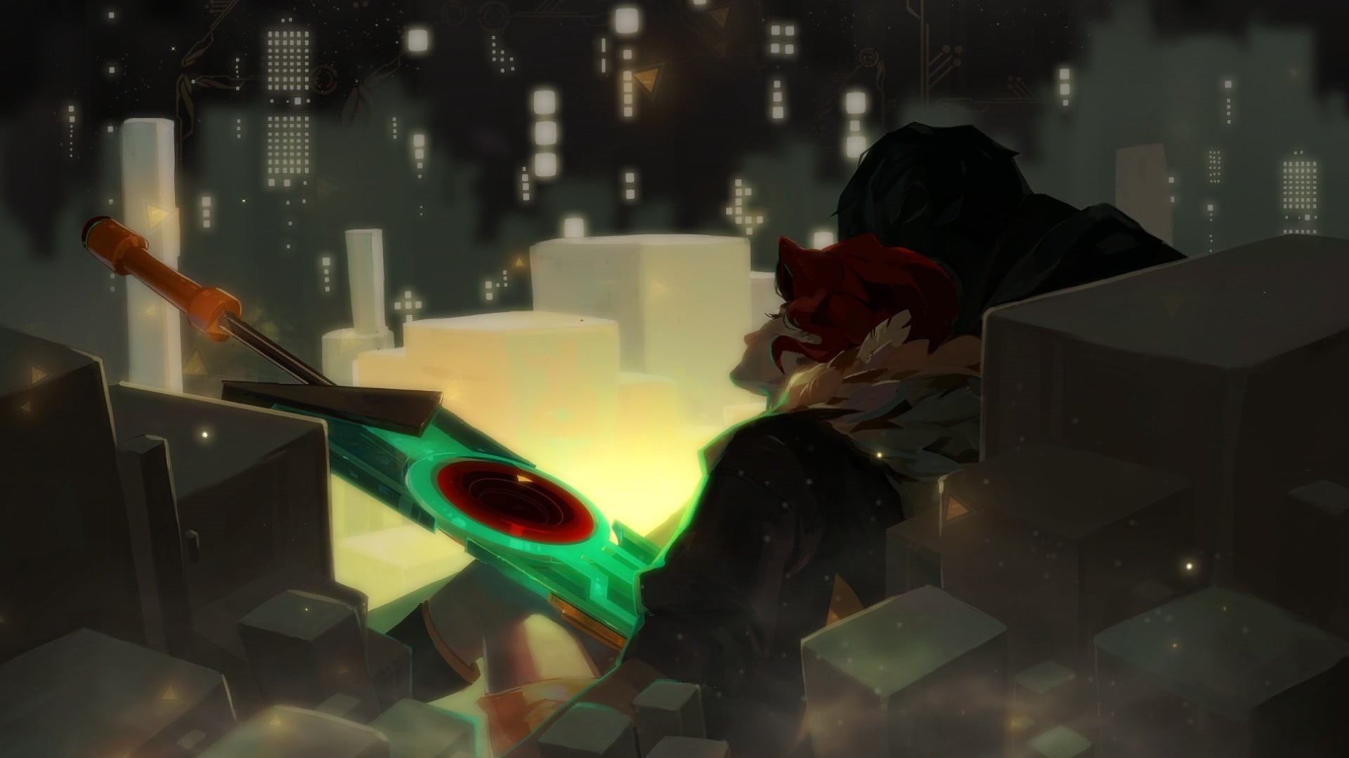table, one person, buildings, night, light - natural phenomenon, PC gaming, 1080P, art and craft, real people, leisure activity, Red (character), Transistor, HD Wallpaper