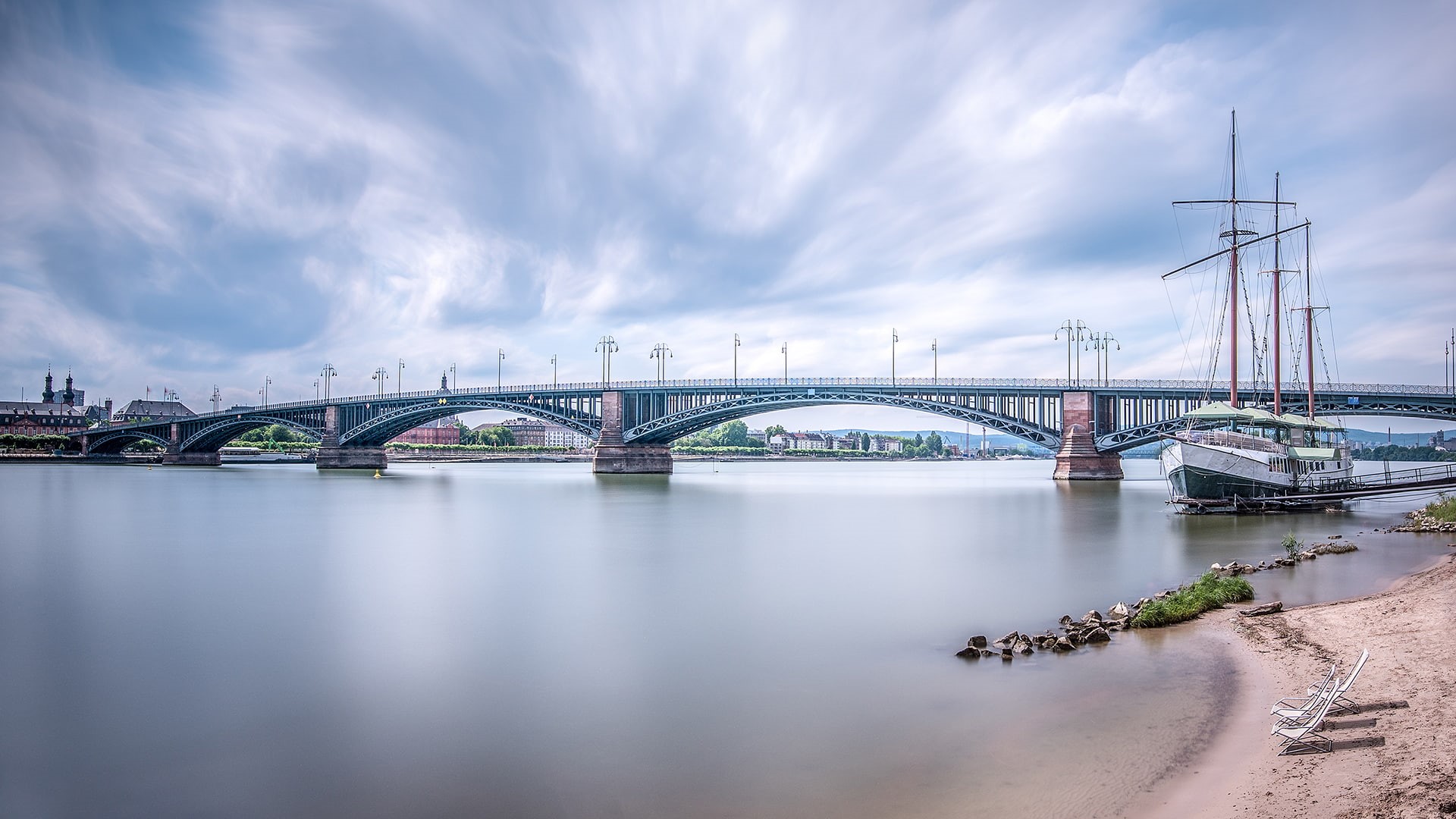 architecture, building, bridge, cityscape, river, Wiesbaden, Germany, banks, 1080P, water, sailing ship, clouds, HD Wallpaper