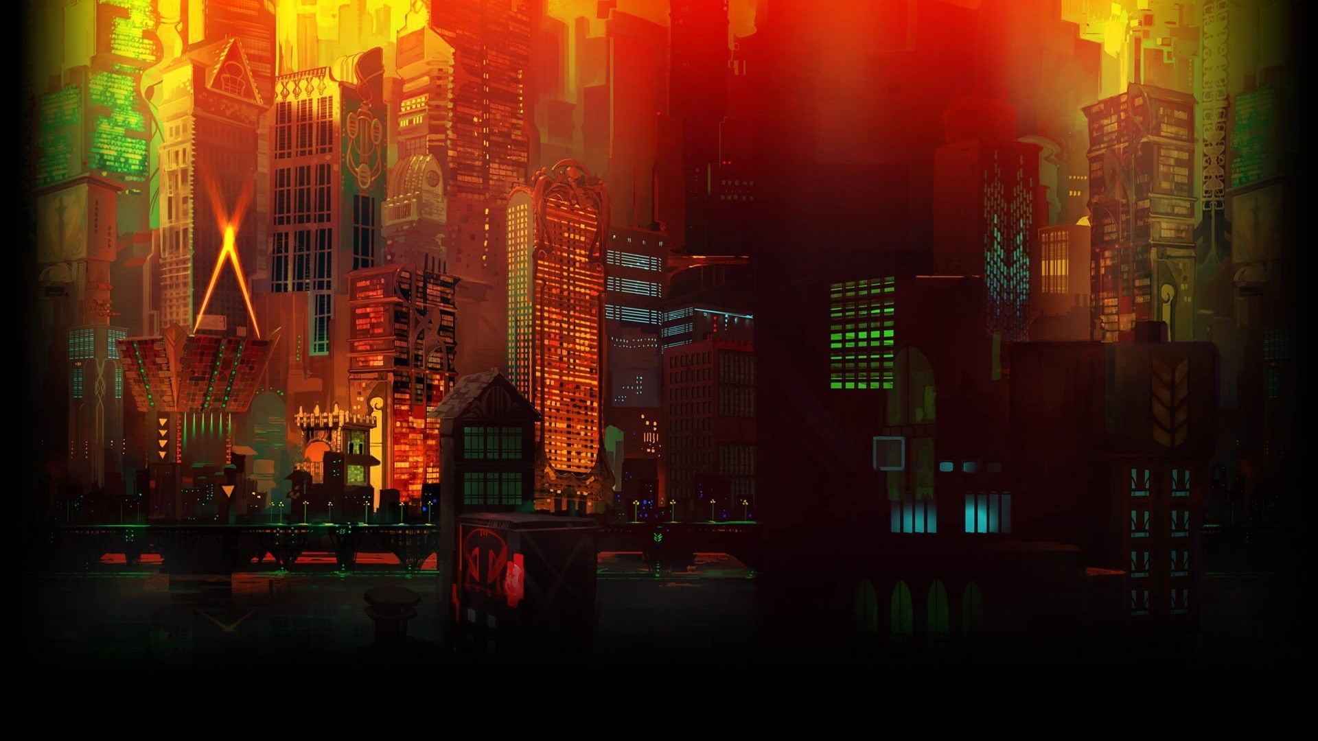 architecture, travel destinations, lights, modern, video games, outdoors, night, skyscraper, tall - high, landscape, 1080P, urban skyline, digital art, HD Wallpaper