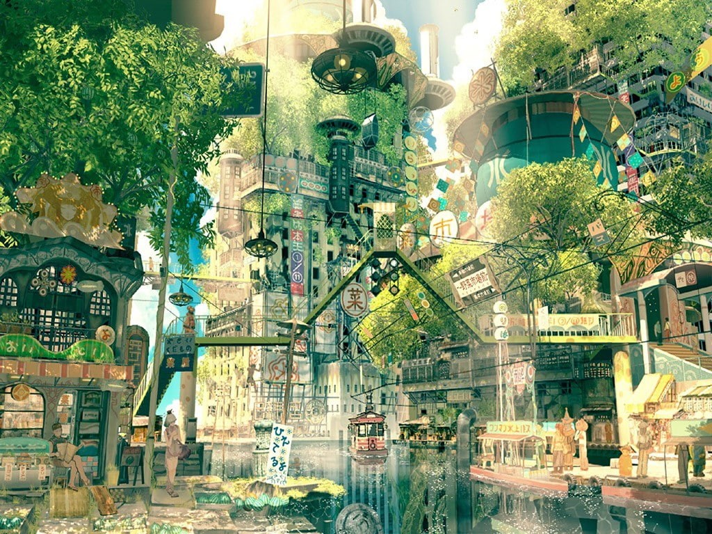 digital art japan fantasy art city street trees imperial boy, 480P, HD Wallpaper
