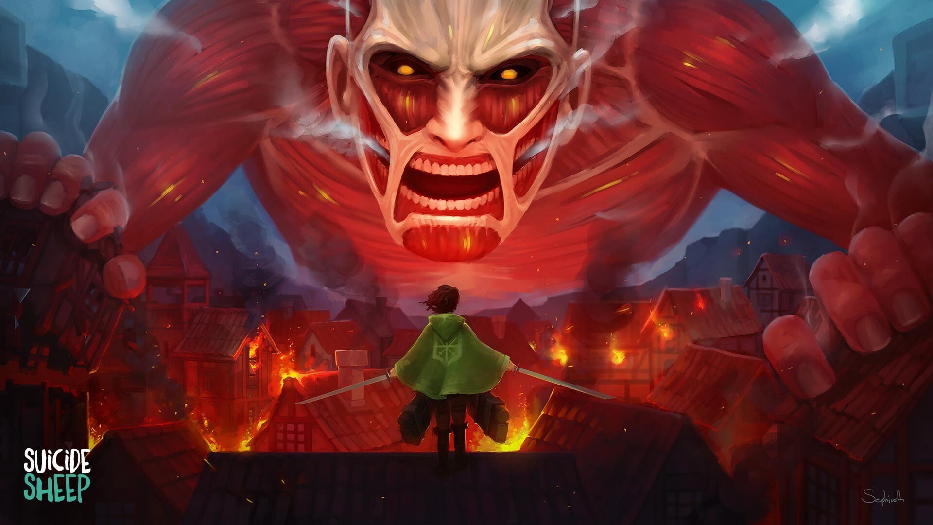 anime, illustration, Colossal Titan, Sephiroth (Artist), 1080P, Suicide Sheep, digital art, artwork, ArtStation, Shingeki no Kyojin, HD Wallpaper