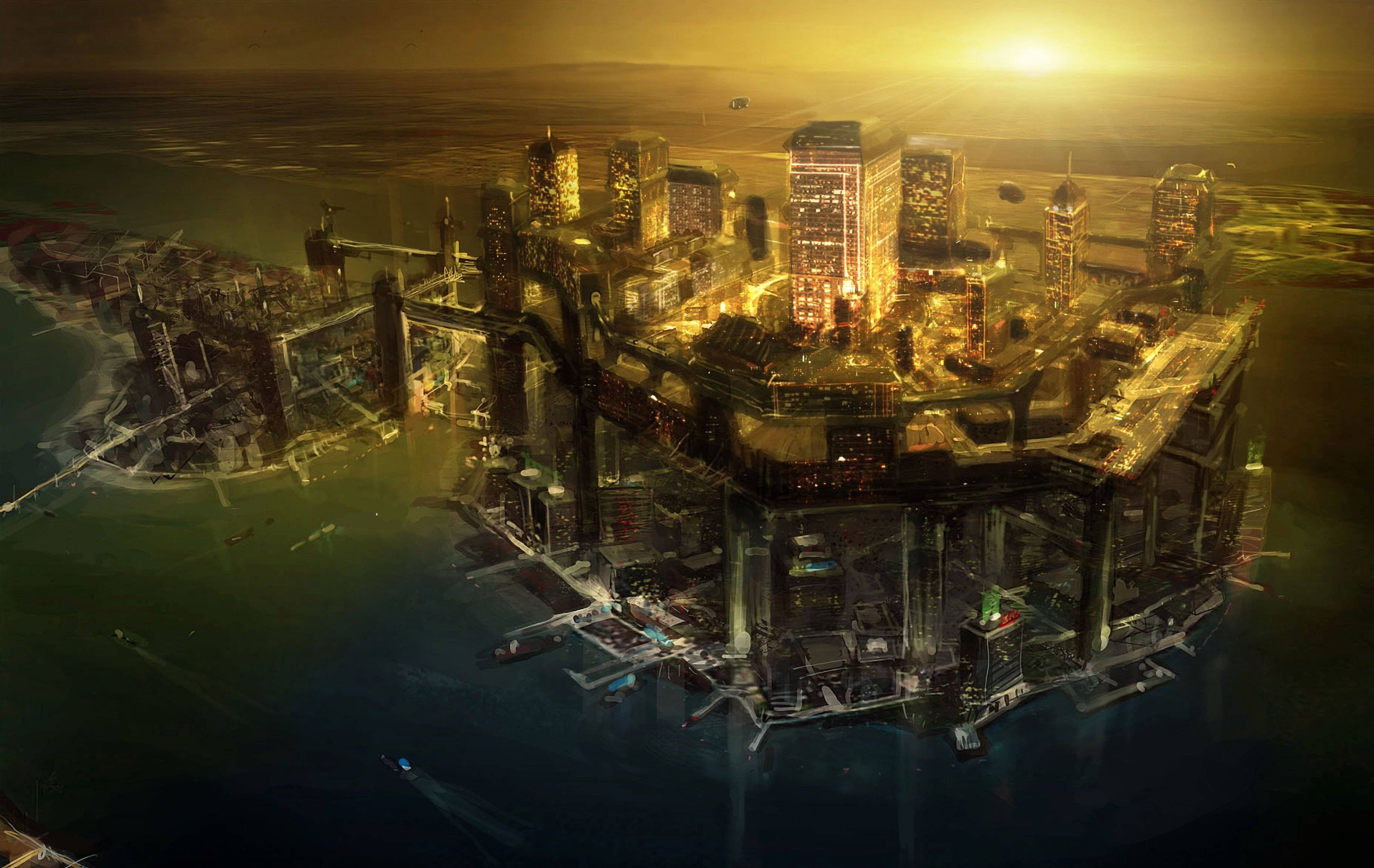 4K, high angle view, outdoors, sky, Deus Ex: Human Revolution, aerial view, no people, skyscraper, city, water, illuminated, cyberpunk, architecture, luxury, HD Wallpaper