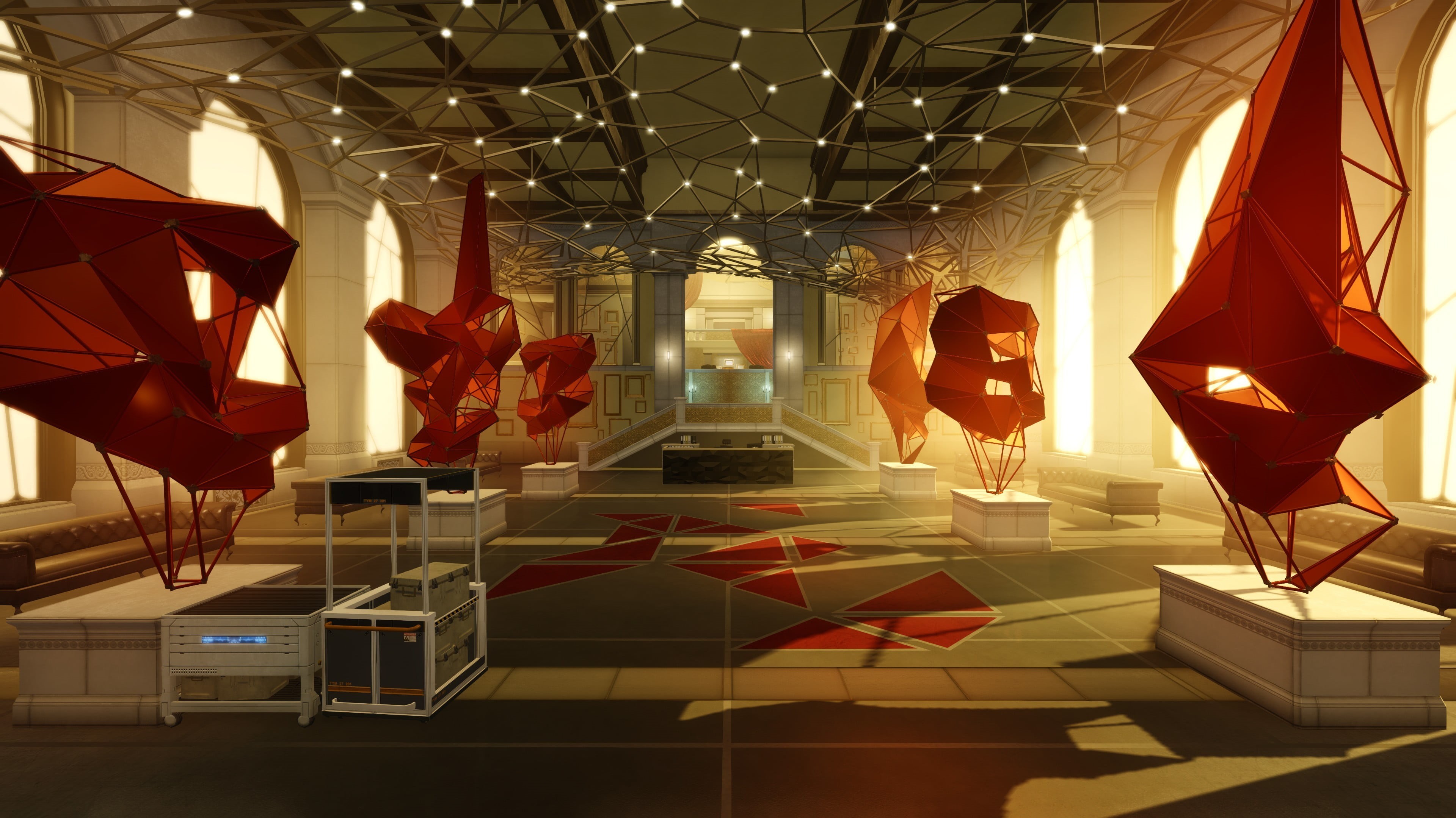 lighting equipment, modern, digital composite, building, Deus Ex: Human Revolution, tiled floor, decoration, built structure, luxury, ceiling, illuminated, HD Wallpaper