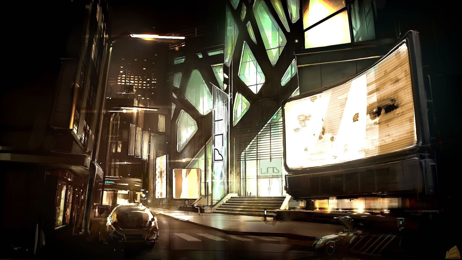building, 1080P, incidental people, building exterior, land vehicle, framed, real people, street, concept art, Deus Ex: Human Revolution, city, built structure, HD Wallpaper