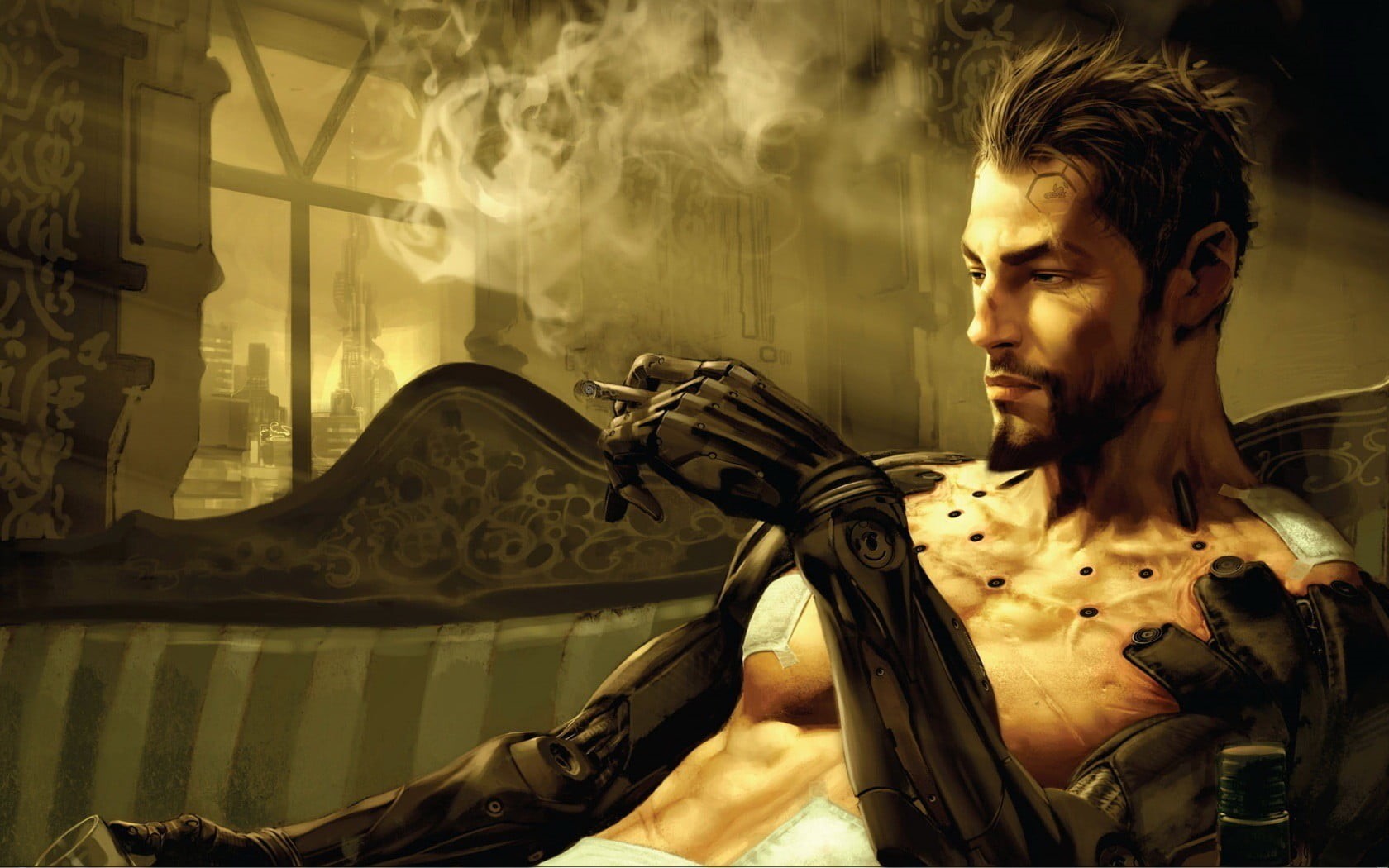 alcohol, smoking - activity, video games, indoors, portrait, science fiction, lifestyles, Deus Ex, men, Deus Ex: Human Revolution, young adult, bionics, HD Wallpaper