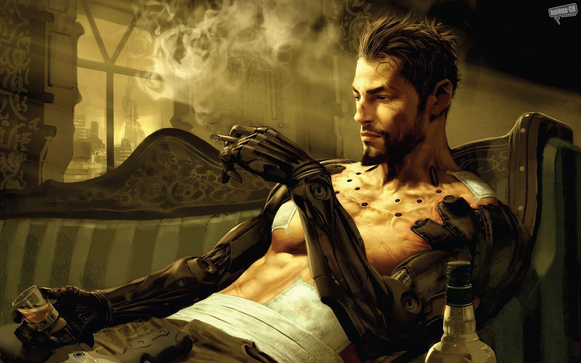 science fiction, alcohol, Deus Ex, fantasy art, Adam Jensen, cyberpunk, Deus Ex: Human Revolution, bionics, men, video games, 1080P, futuristic, HD Wallpaper
