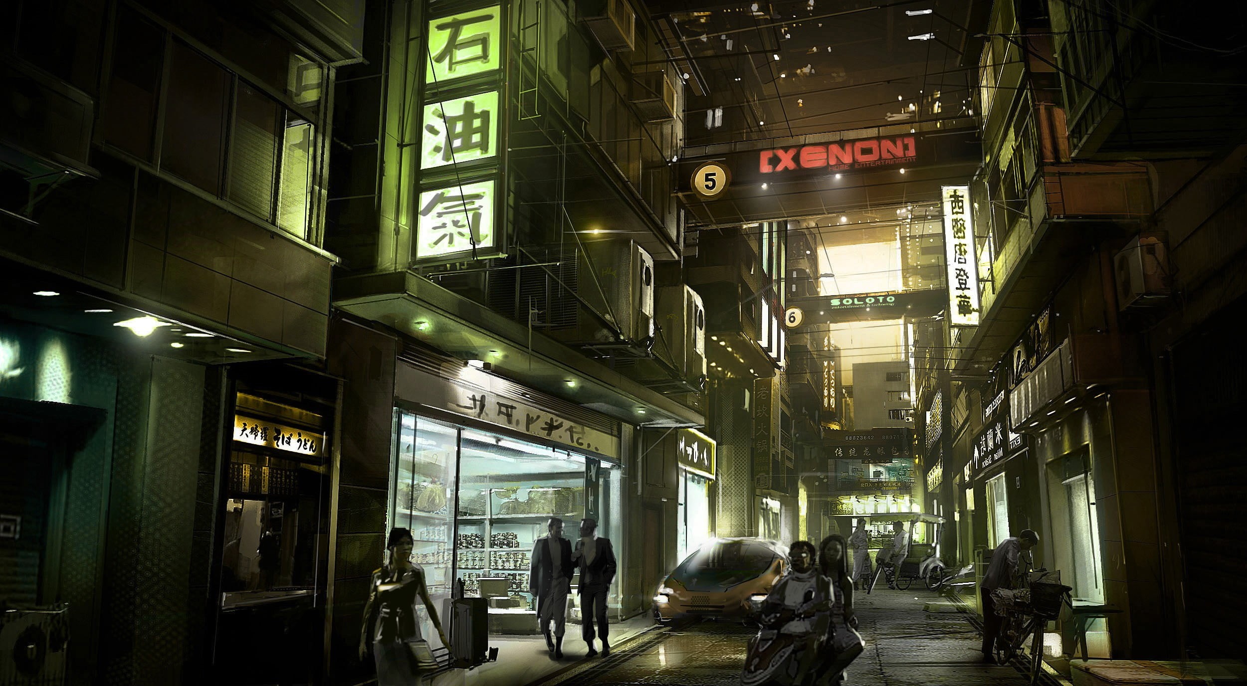 adult, men, building exterior, women, futuristic, Deus Ex, outdoors, video, illuminated, city, modern, people, street, walking, mode of transportation, HD Wallpaper