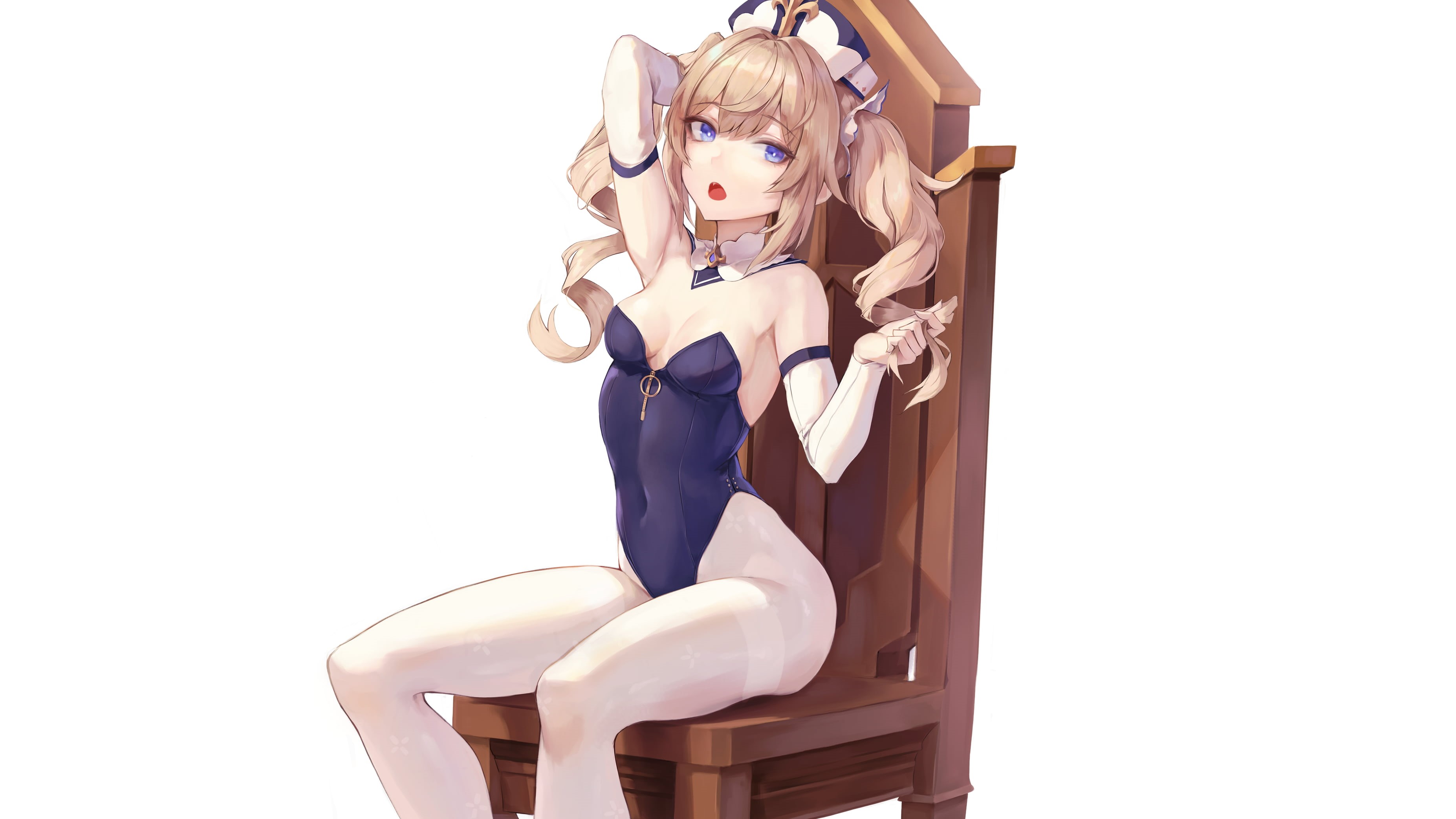 anime girls, blonde, looking at viewer, anime, Genshin Impact, sitting, simple background, panty hose, barbara (genshin impact), leotard, Leviathan(Artists), HD Wallpaper