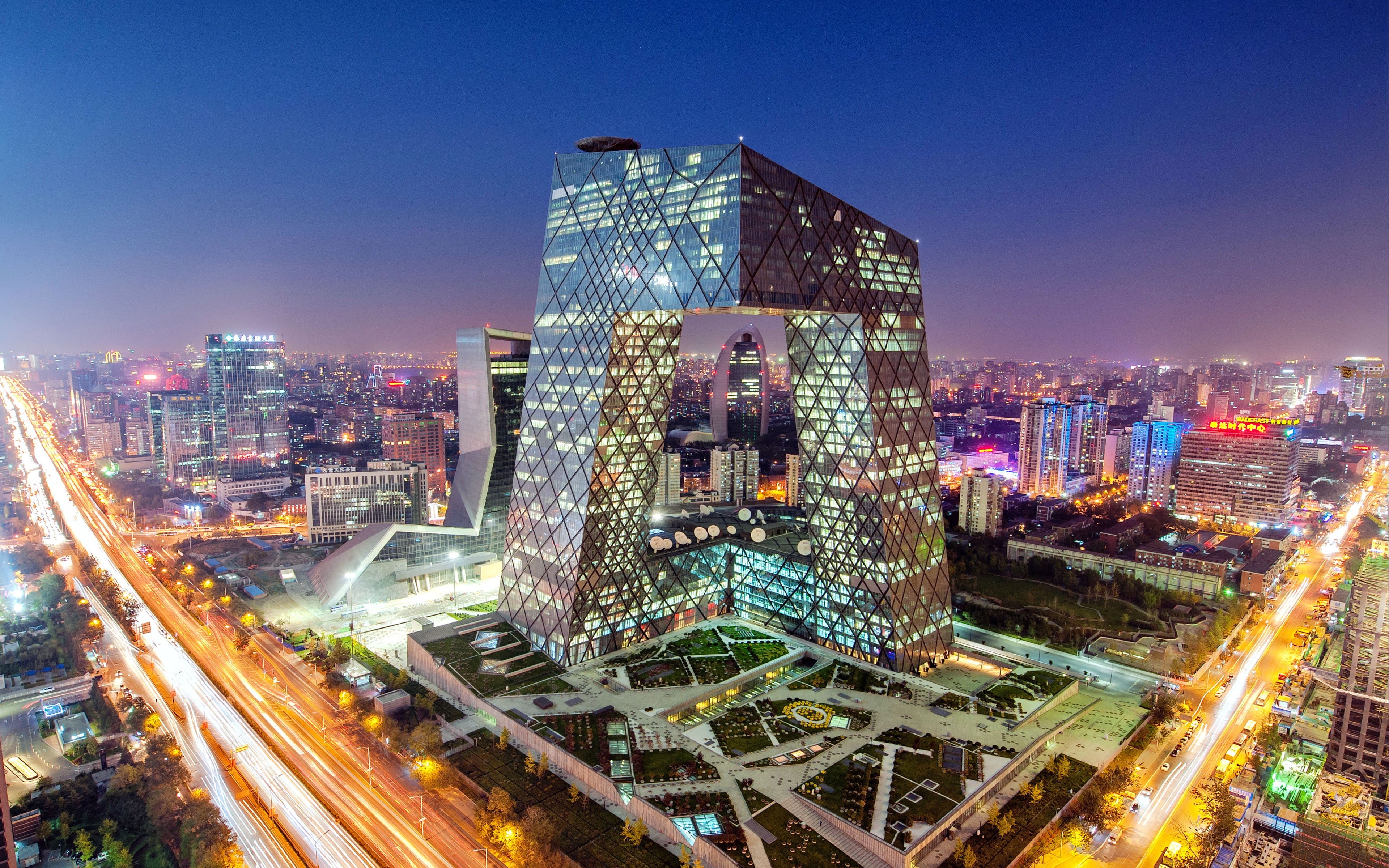 landscape, office building exterior, city life, financial district, architecture, illuminated, beijing, headquarters, building exterior, travel destinations, HD Wallpaper