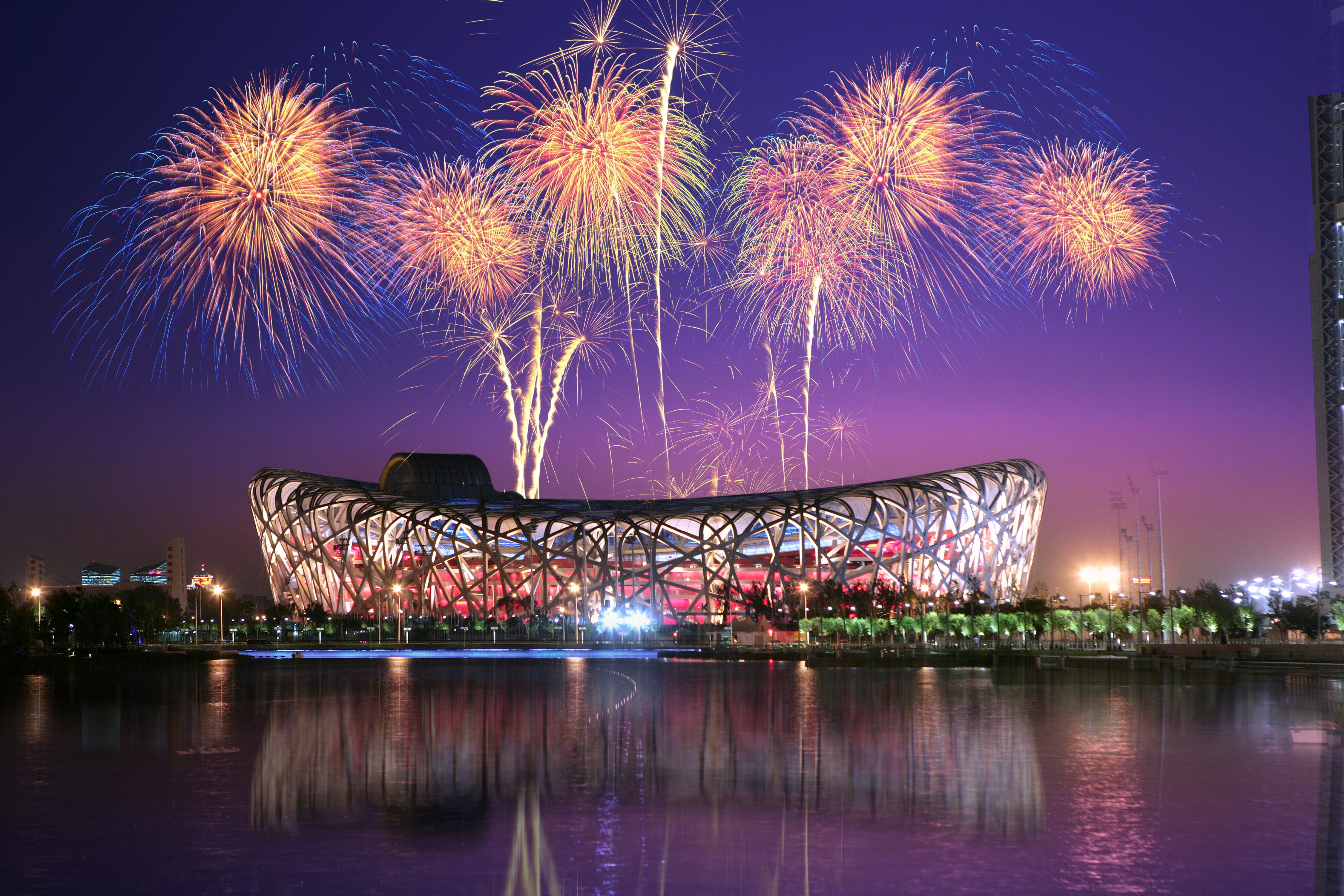 4K, Fireworks, Birds Nest, China, 4K, Beijing National Stadium, HD Wallpaper