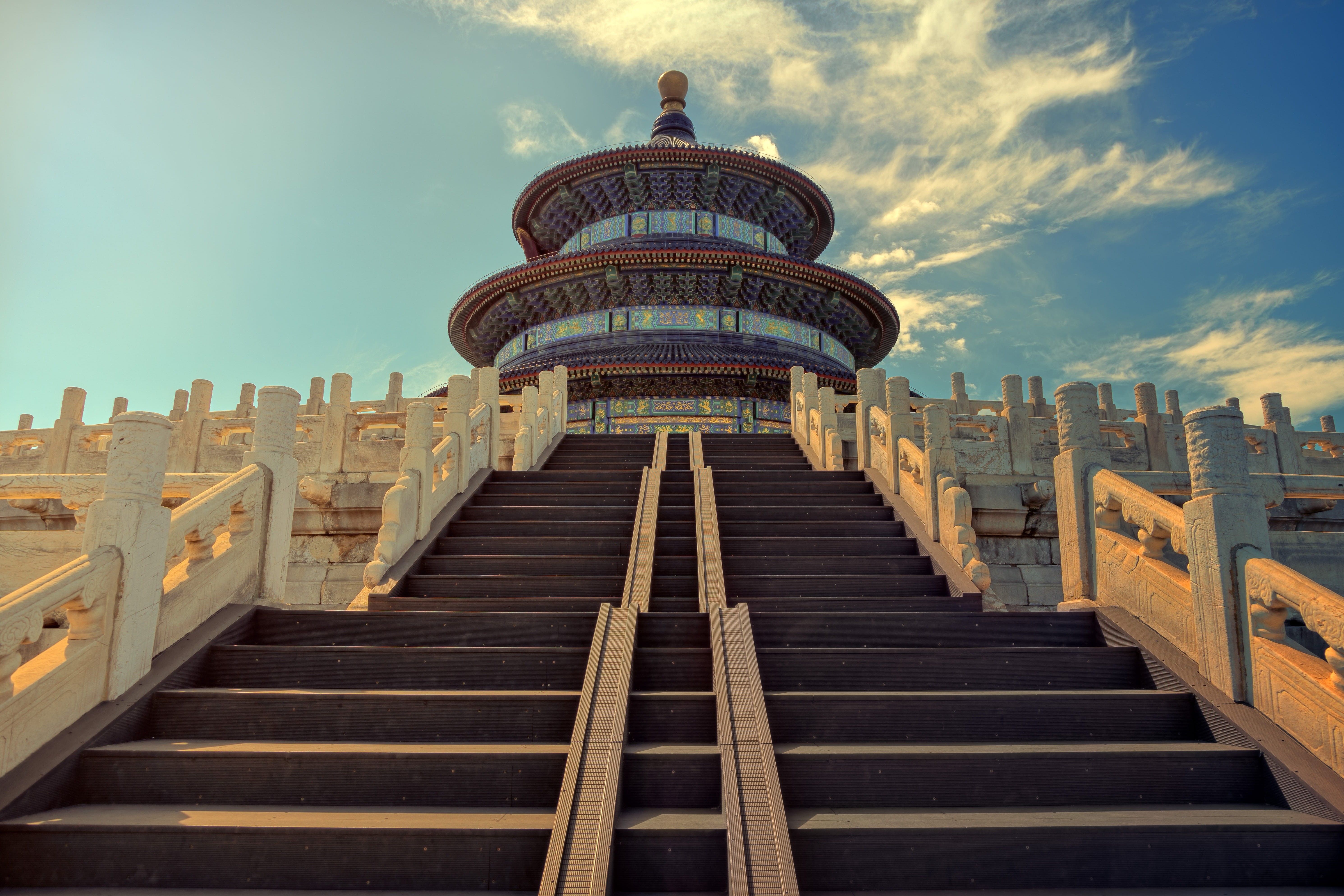symmetry, asia, sky, steps and staircases, stairs, place of worship, beijing, perspective, cloud - sky, the way forward, belief, old, day, city, low angle view, HD Wallpaper