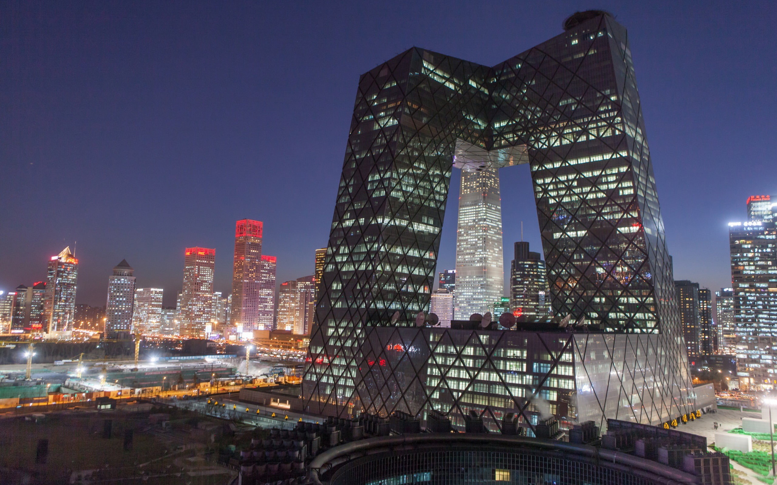cctv, building exterior, architecture, illuminated, tower, gray, landscape, cityscape, building, 2K, cities, outdoors, built structure, hd, HD Wallpaper