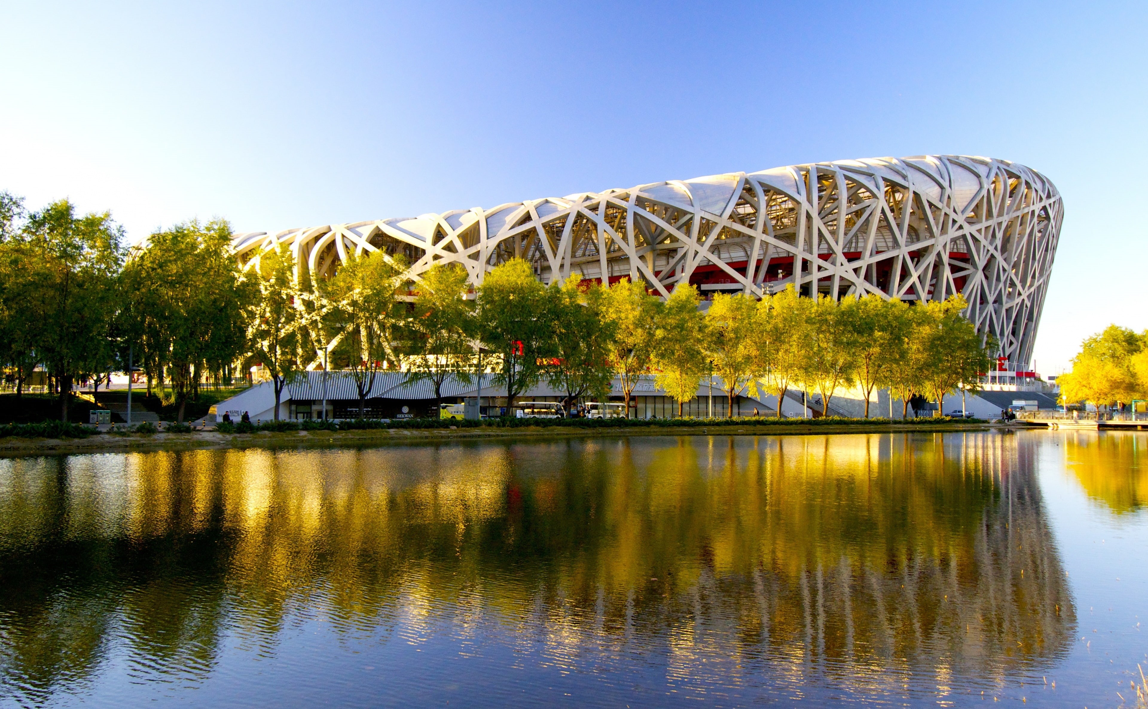 Stadium, clear sky, nature, nest, sky, building exterior, outdoors, tree, China, Asia, arch bridge, birds, no people, building, gray, beijing, birds nest, HD Wallpaper