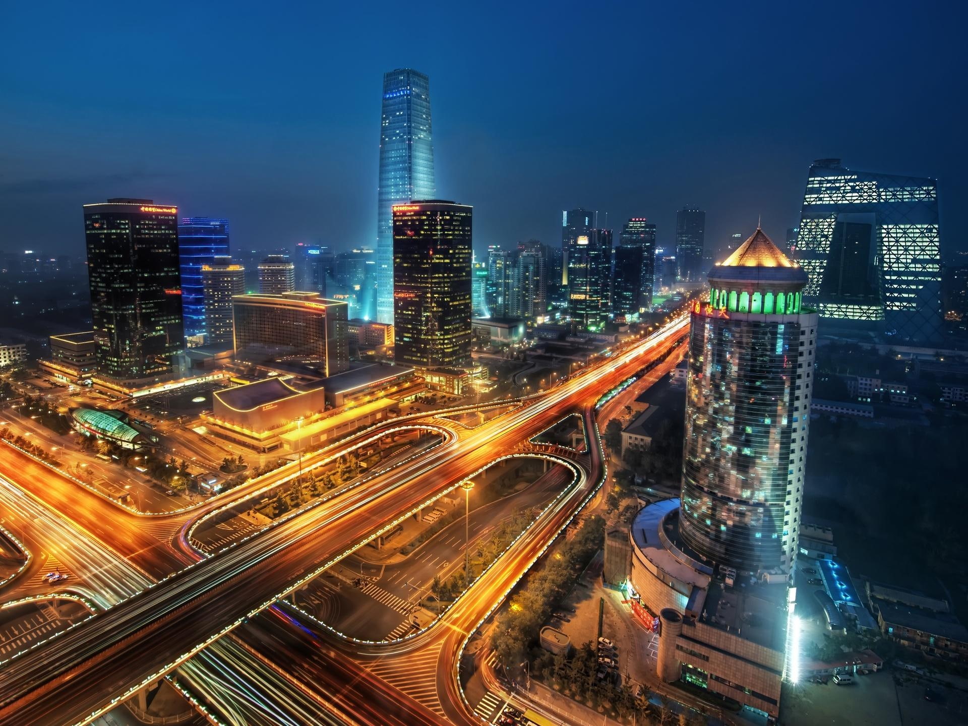 animals, lights, traffic, beijing, 1080P, city, night, skyscrapers, china, HD Wallpaper