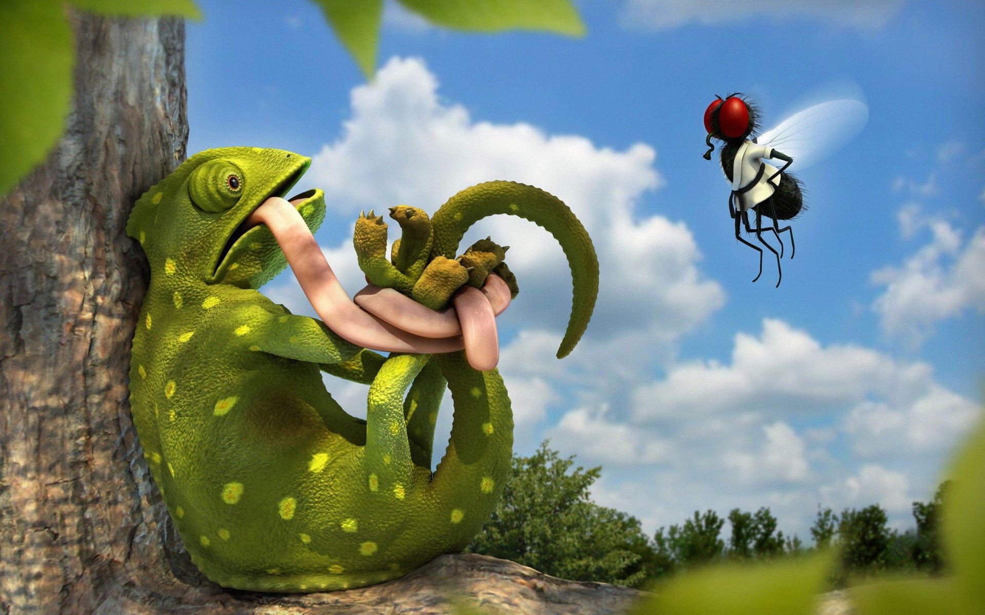hand, fly, reptile, clouds, white, trees, human hand, self, chameleon, 3D, leaves, chameleons, martial arts, outdoors, nature, humor, flies, 1080P, flying, HD Wallpaper