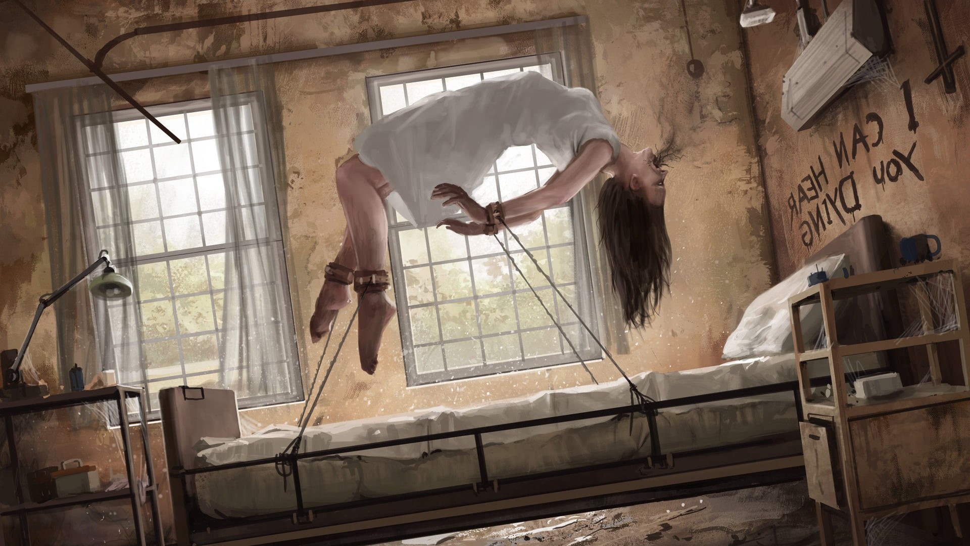 bound, women, 1080P, exorcism, demon, brunette, artwork, HD Wallpaper