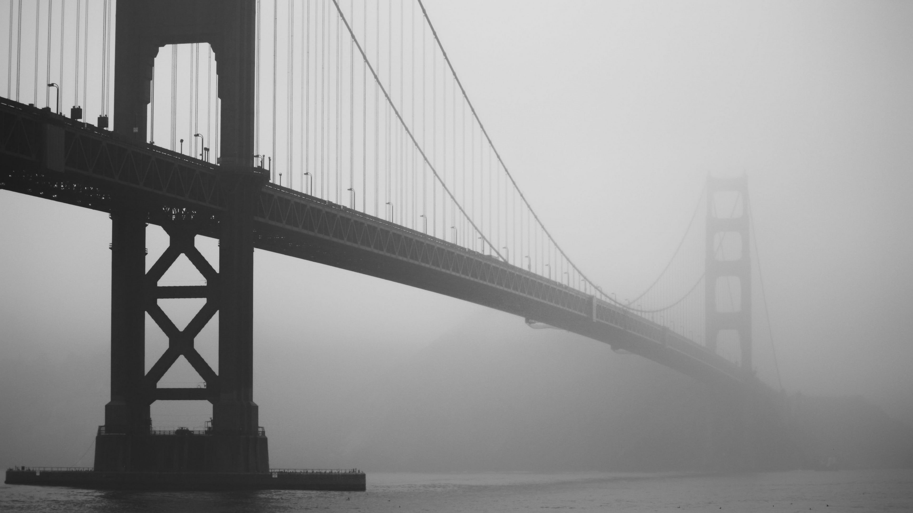 tourism, connection, fog, waterfront, monochrome, nature, bridge - man made structure, Golden Gate Bridge, long, suspension bridge, bay, outdoors, architecture, HD Wallpaper