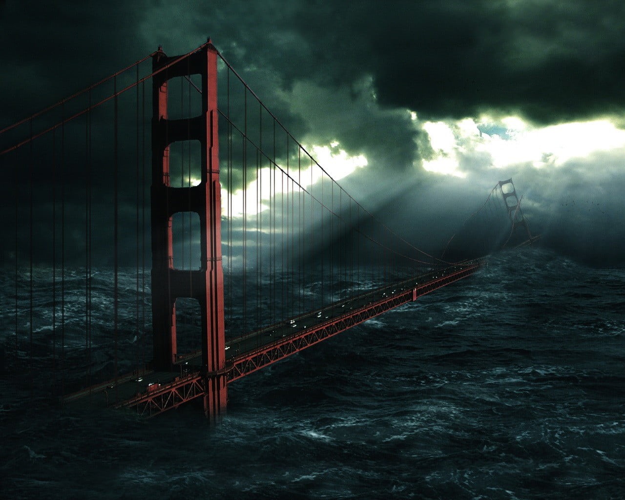 apocalyptic, suspension bridge, cloud - sky, outdoors, transportation, waterfront, travel, travel destinations, 720P, architecture, artwork, nature, water, HD Wallpaper