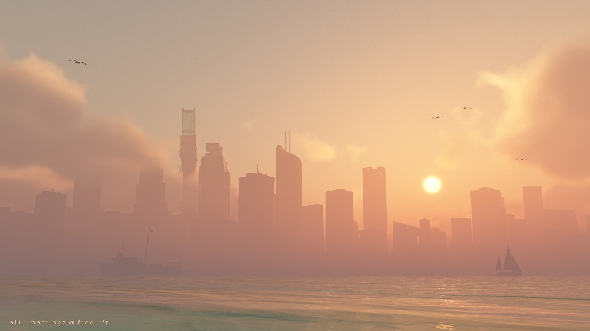 1080P, architecture, mist, cityscape, skyscraper, clouds, water, ship, building, Sun, sea, birds, city, HD Wallpaper
