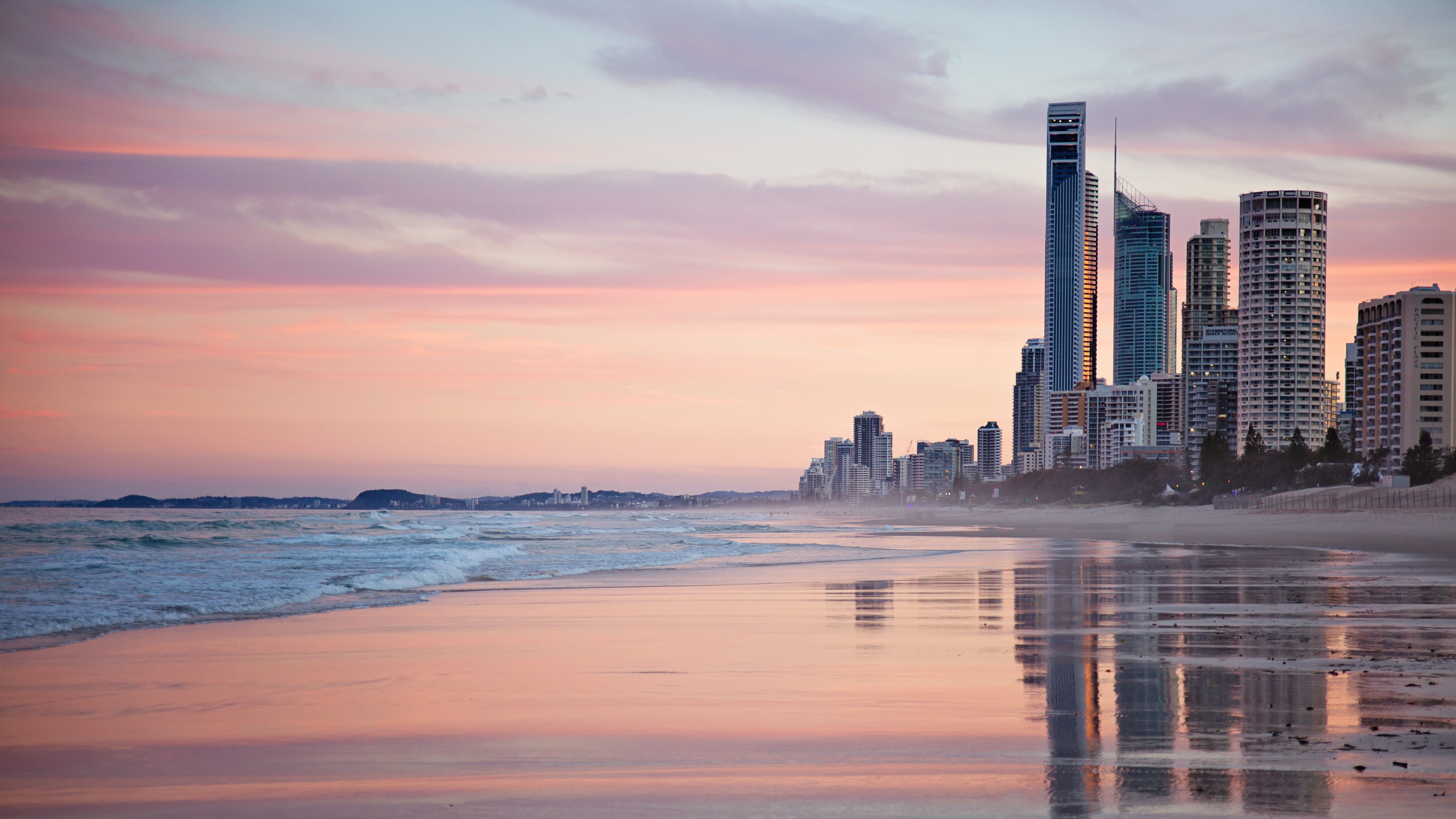 ocean, near, modern, urban skyline, backlit, nature, skyline, building exterior, financial district, sunrise, travel, skyscraper, horizon, dusk, panoramic, HD Wallpaper