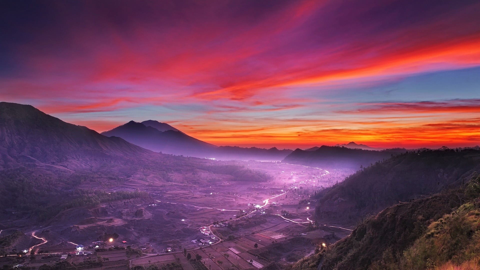 sunrise, tranquil scene, orange, tranquil, color, clouds, nature, fog, no people, water, city, tourism, mountain, sunset, scenics - nature, sky, mountain peak, HD Wallpaper