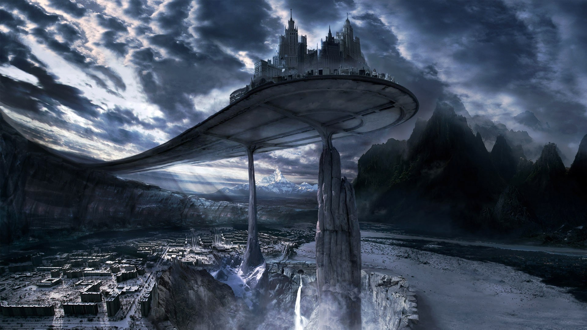 video games, Valley, mountain, Sun Rays, Skyscraper, Pillar, 1080P, mist, Futuristic, clouds, waterfall, building, cliff, rock, fantasy Art, city, digital, HD Wallpaper
