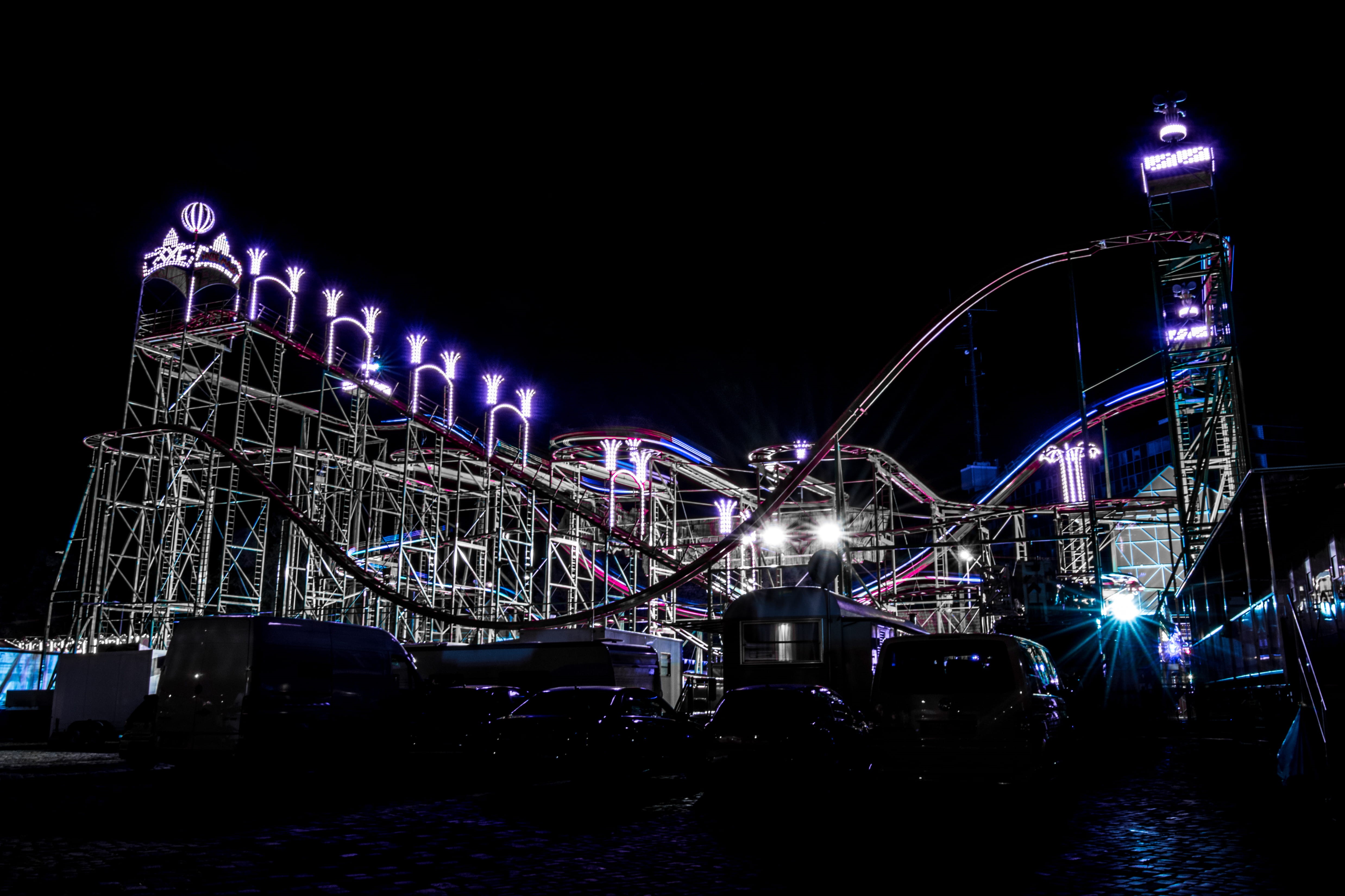 nightlife, illuminated, water, amusement park, outdoors, built structure, flare, nature, city, coaster, bridge, building exterior, car, connection, blue, HD Wallpaper