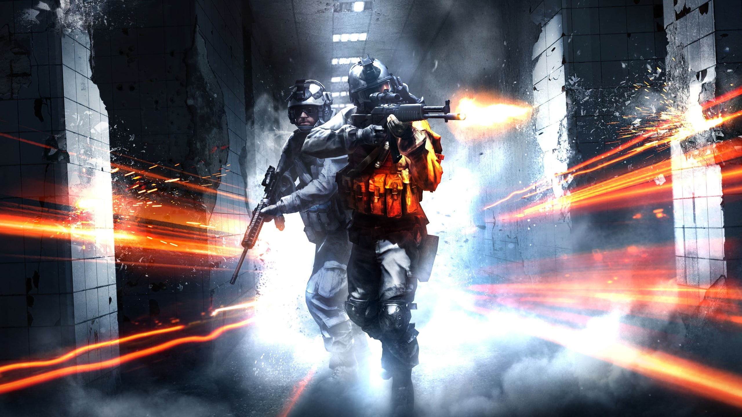 fire, men, spraying, rifle, security, Battlefield 3, full length, fire hose, risk, 2K, hd, safety, nature, heroes, holding, uniform, warning sign, HD Wallpaper