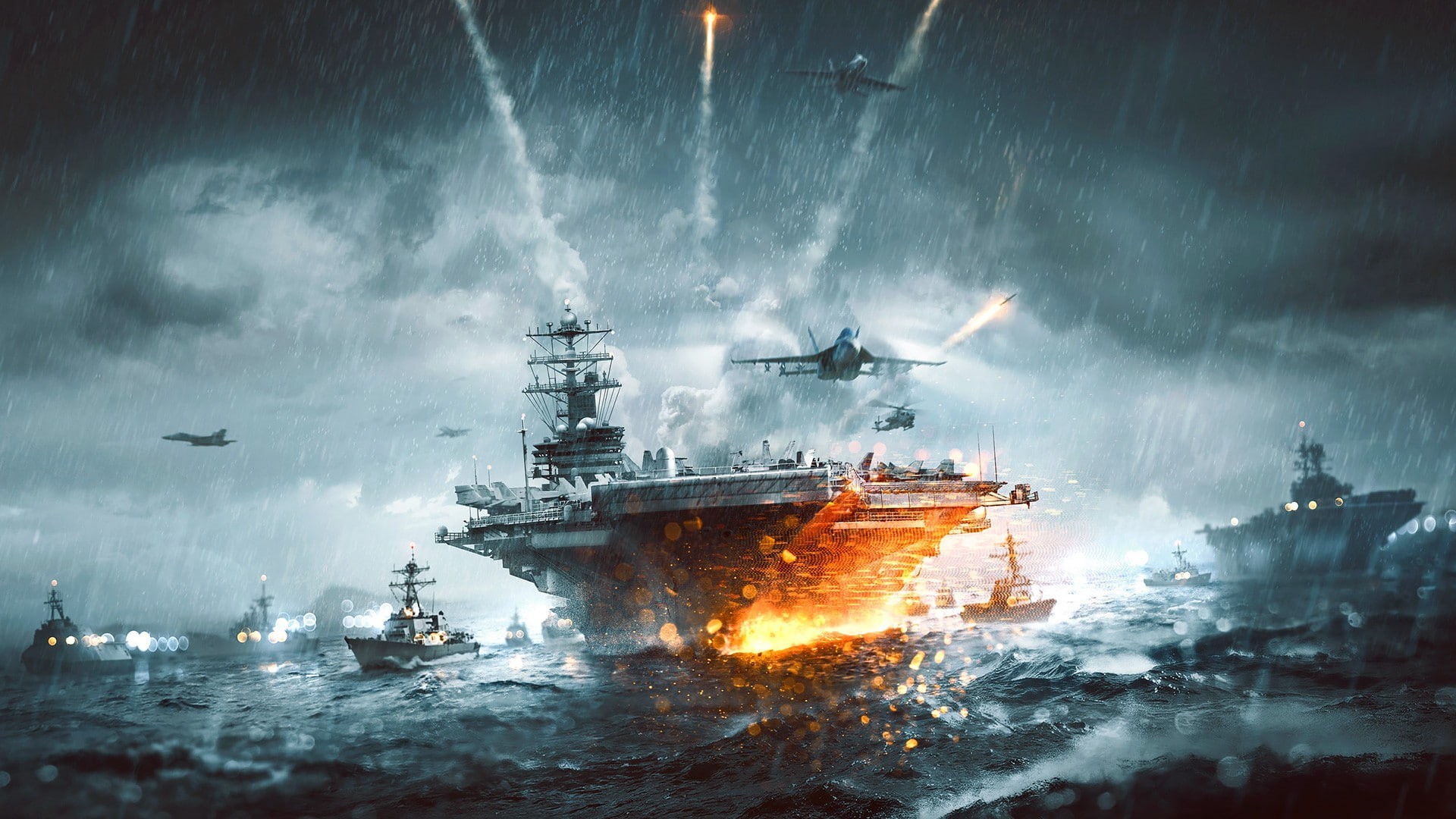 fleets, McDonnell Douglas FA-18 Hornet, Battlefield 3, aircraft carrier, 1080P, sea, video games, aircraft, military, rain, military aircraft, HD Wallpaper