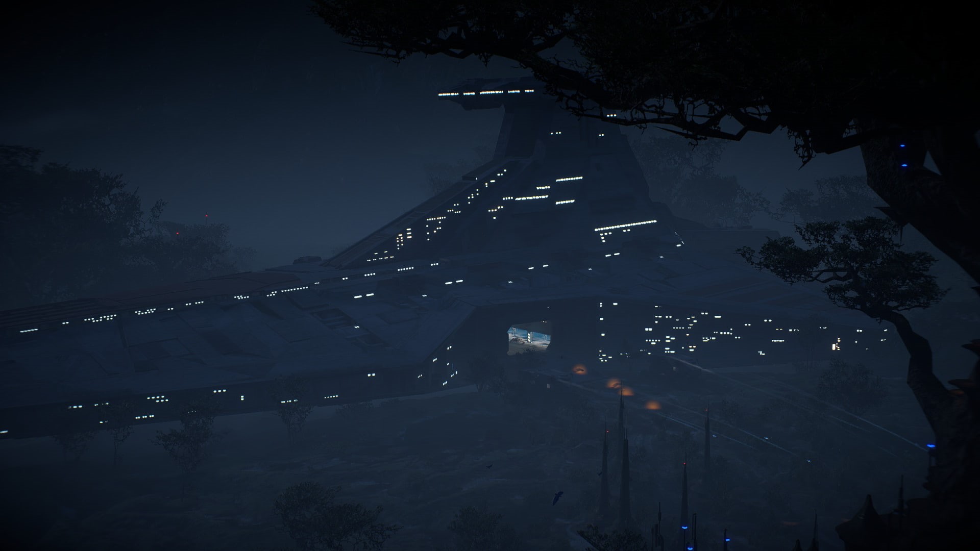 water, dark, building exterior, city, architecture, street, Venator-class Star Destroyer, nature, illuminated, Star Wars Battlefront II (2017), pollution, HD Wallpaper