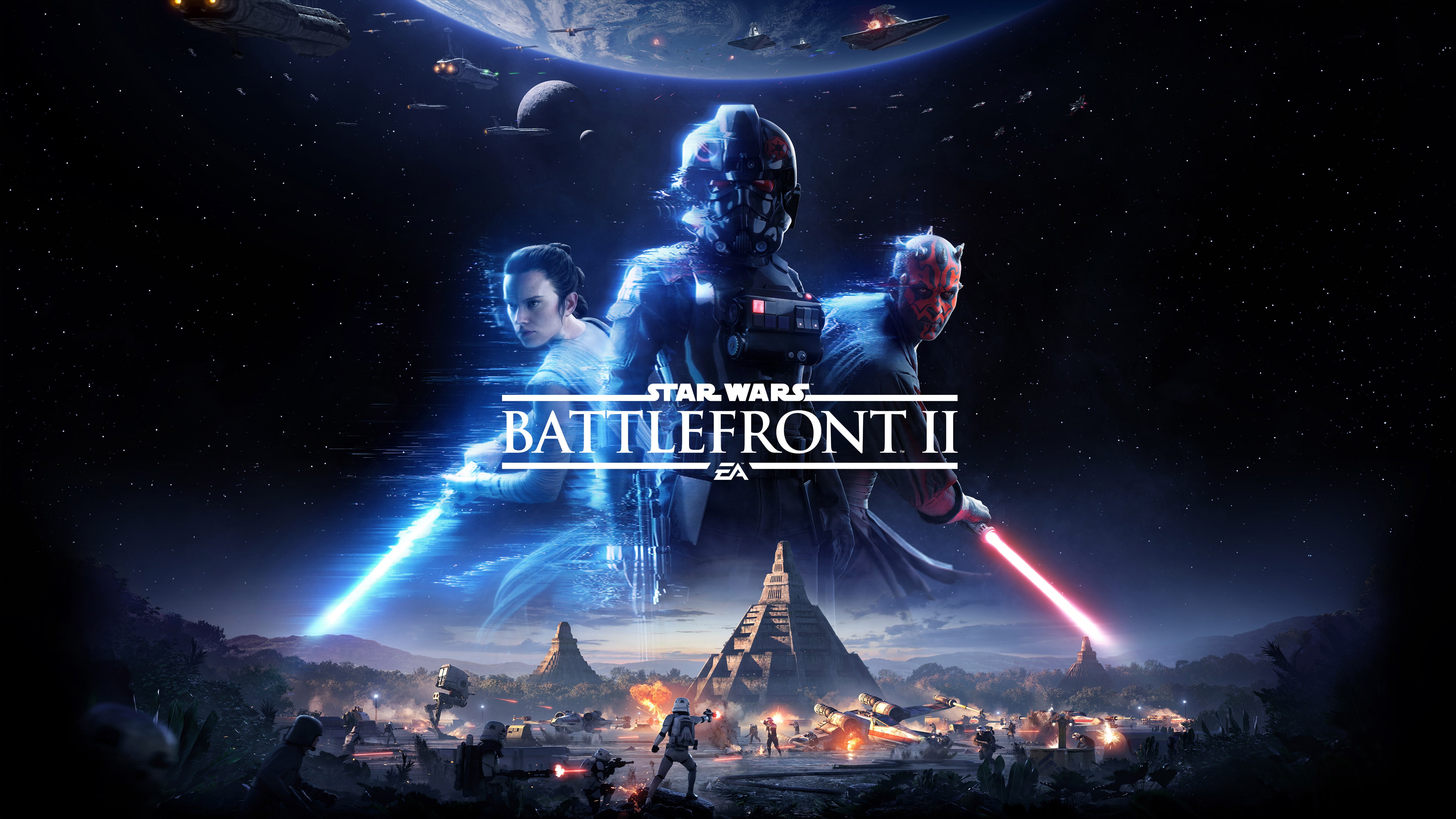 xbox games, building exterior, space, outdoors, composite image, communication, sky, 5k, 2017 games, illuminated, glowing, night, group of people, star wars battlefront 2, HD Wallpaper