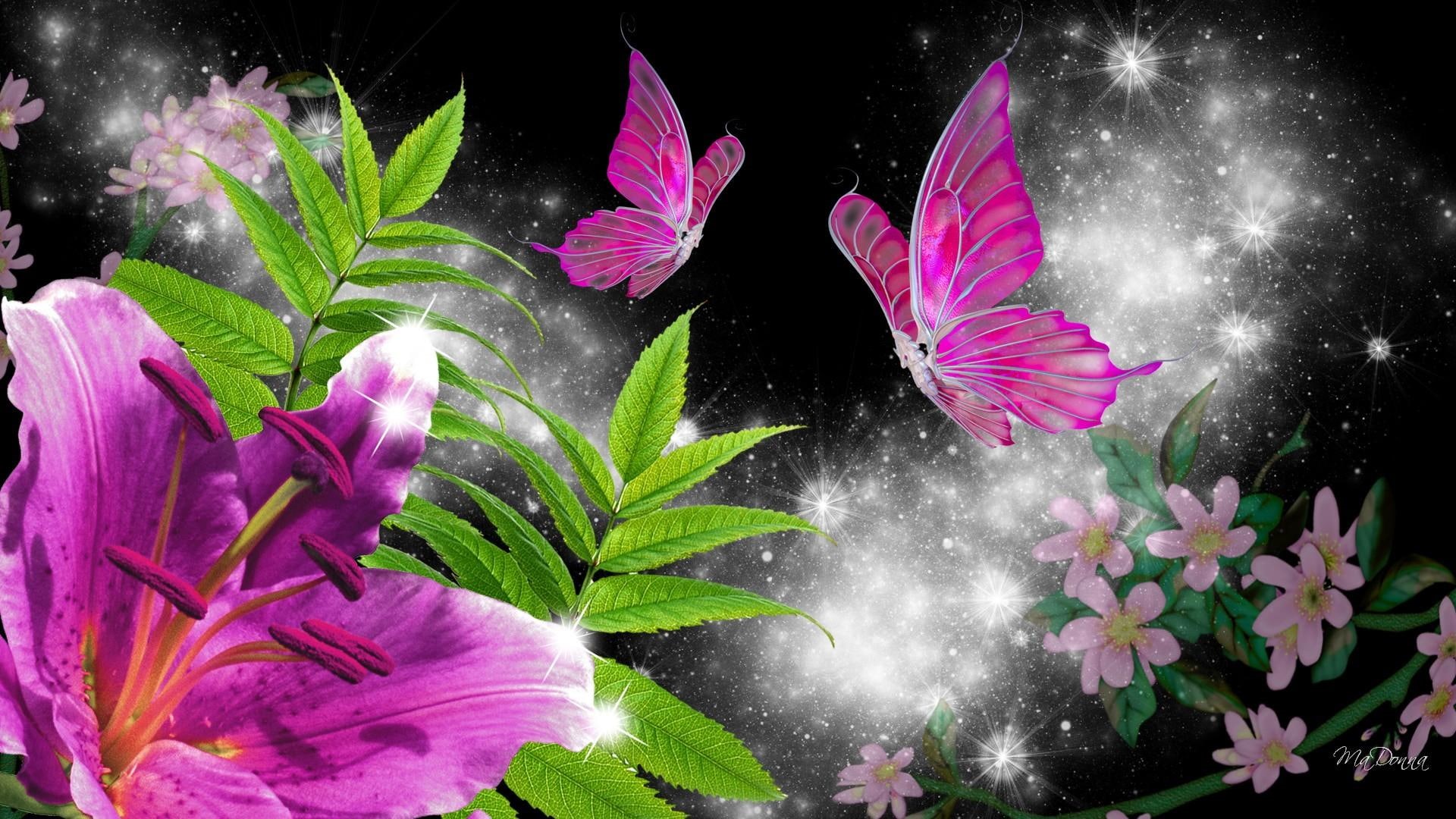 leaves, papillon, lily, butterfly, lustre, glitter, luster, 1080P, scintillate, twinkle, flowers, pink, black, precious, glint, HD Wallpaper
