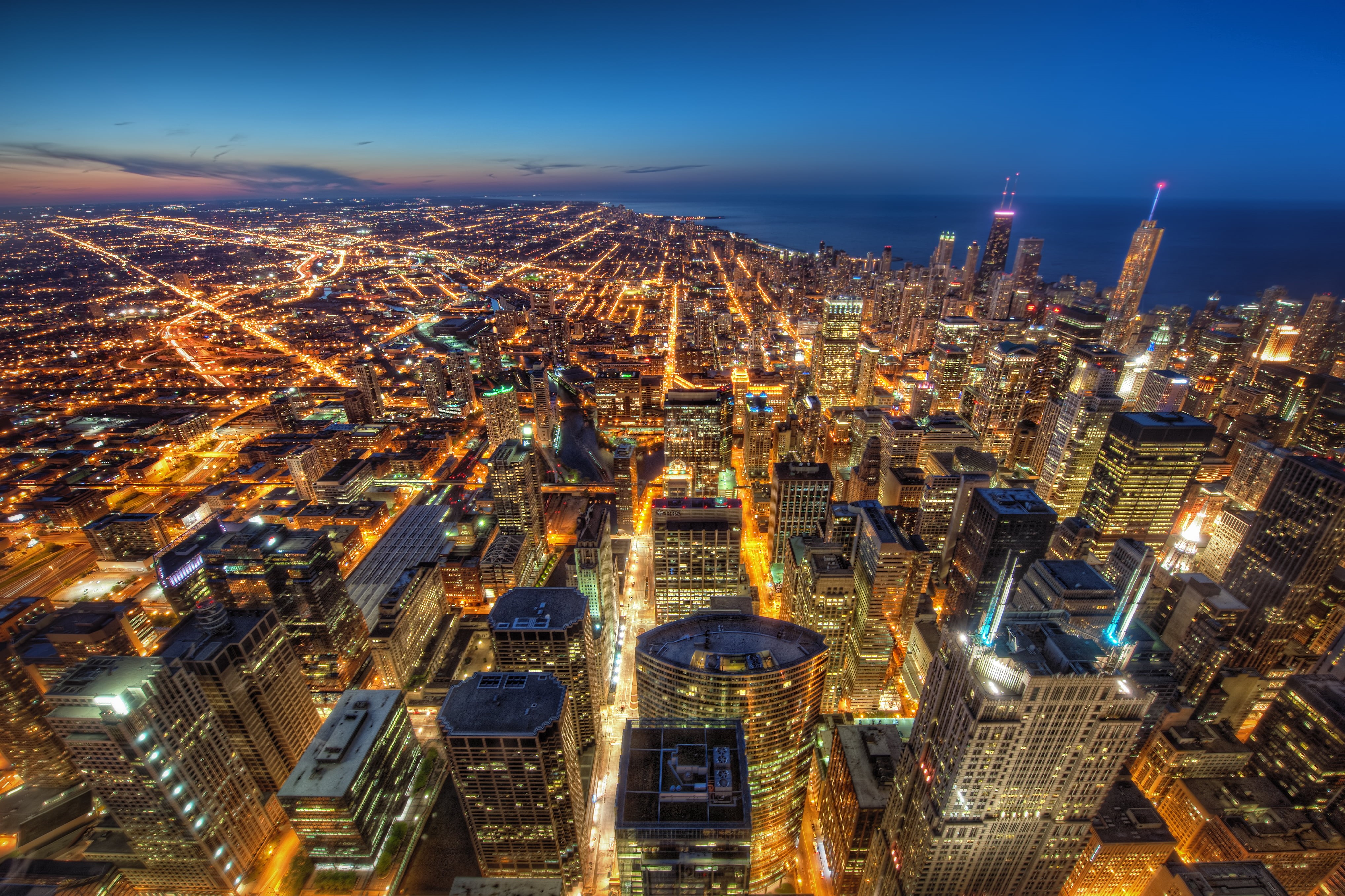 4K, urban Scene, buildings, modern, City, downtown District, aerial, skyscraper, Willis  Tower, office Building, Night, tower, asia, built Structure, urban Skyline, HD Wallpaper