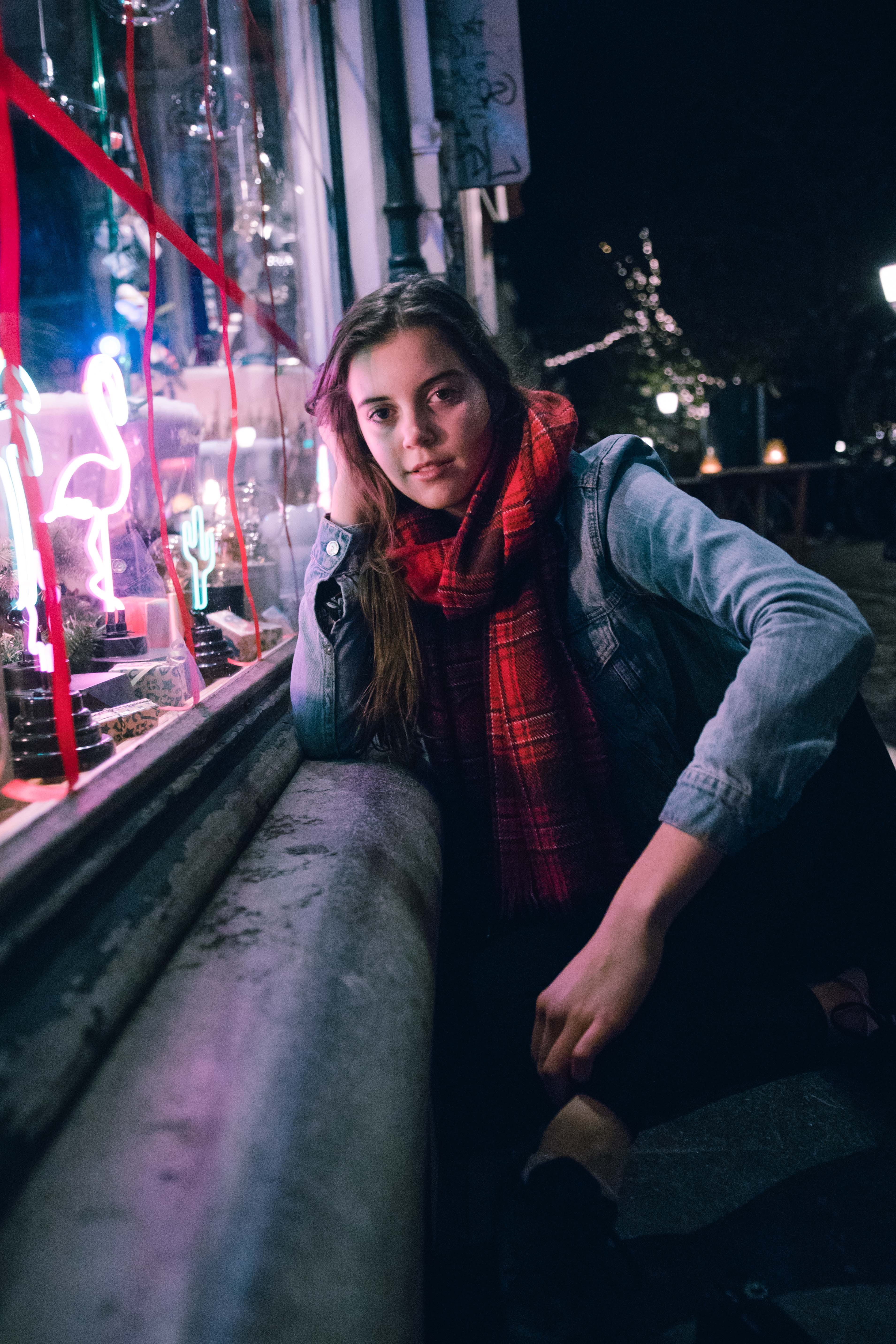 neon, nightphotography, lifestyles, outdoors, girl, window, city, street, illuminated, one person, scarf, neon sign, young adult, city lights, clothing, Phone HD Wallpaper