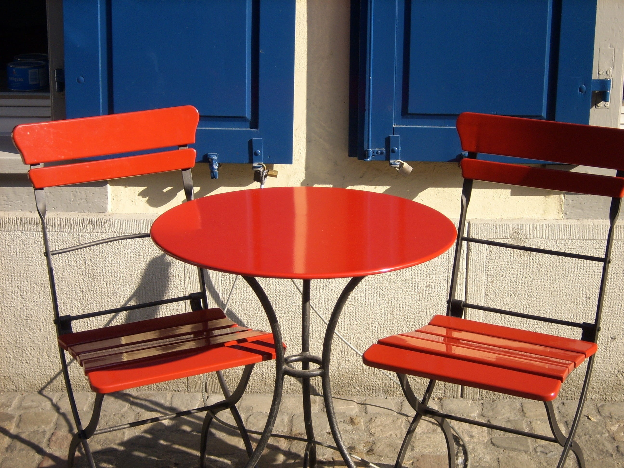 no people, garden furniture, orange color, 2K, chair, relax, building, cafe, shadow, red, casement window, seat, outside catering, photo, break, blue, HD Wallpaper