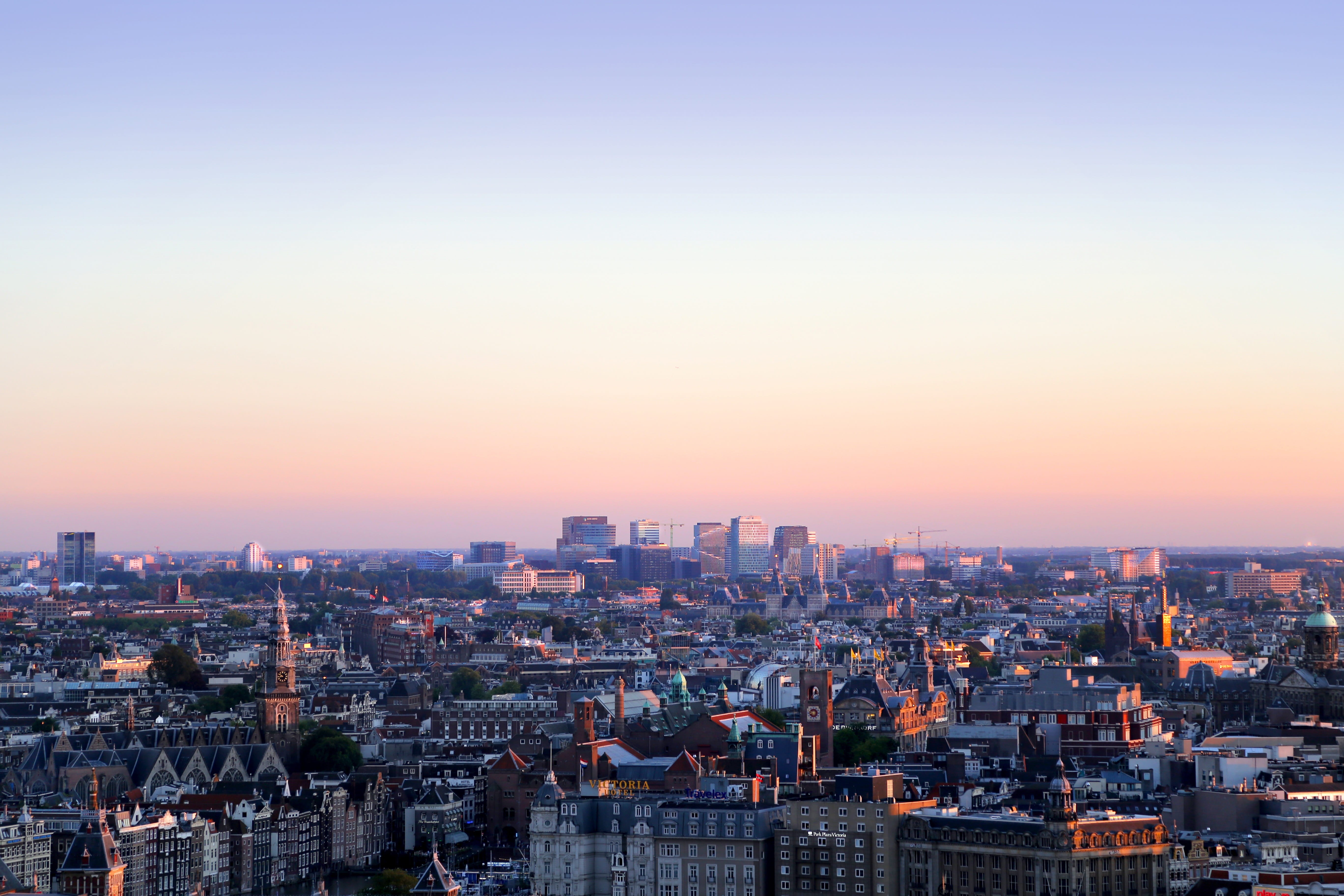 sunset, city life, city, skyline, skyscraper, tall - high, sky, holland, evening, building, landscape, financial district, crowded, amsterdam, travel, modern, HD Wallpaper