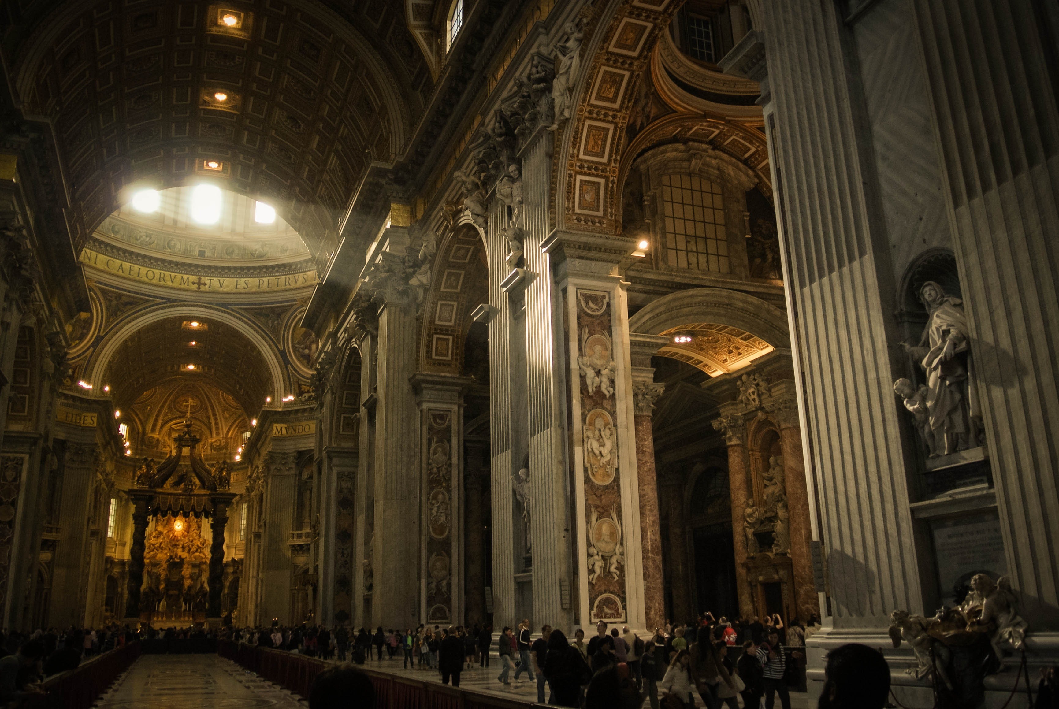 architecture, church, standing, people, ceiling, place of worship, built structure, belief, illuminated, the vatican, building, altar, brown, 2K, indoors, HD Wallpaper