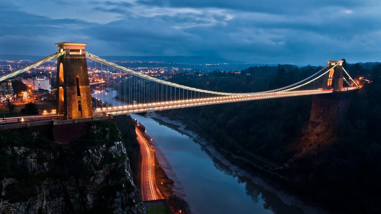 city, architecture, lights, 720P, long exposure, hills, nature, England, river, forest, light trails, Bristol, cityscape, UK, clouds, building, road, rock, HD Wallpaper