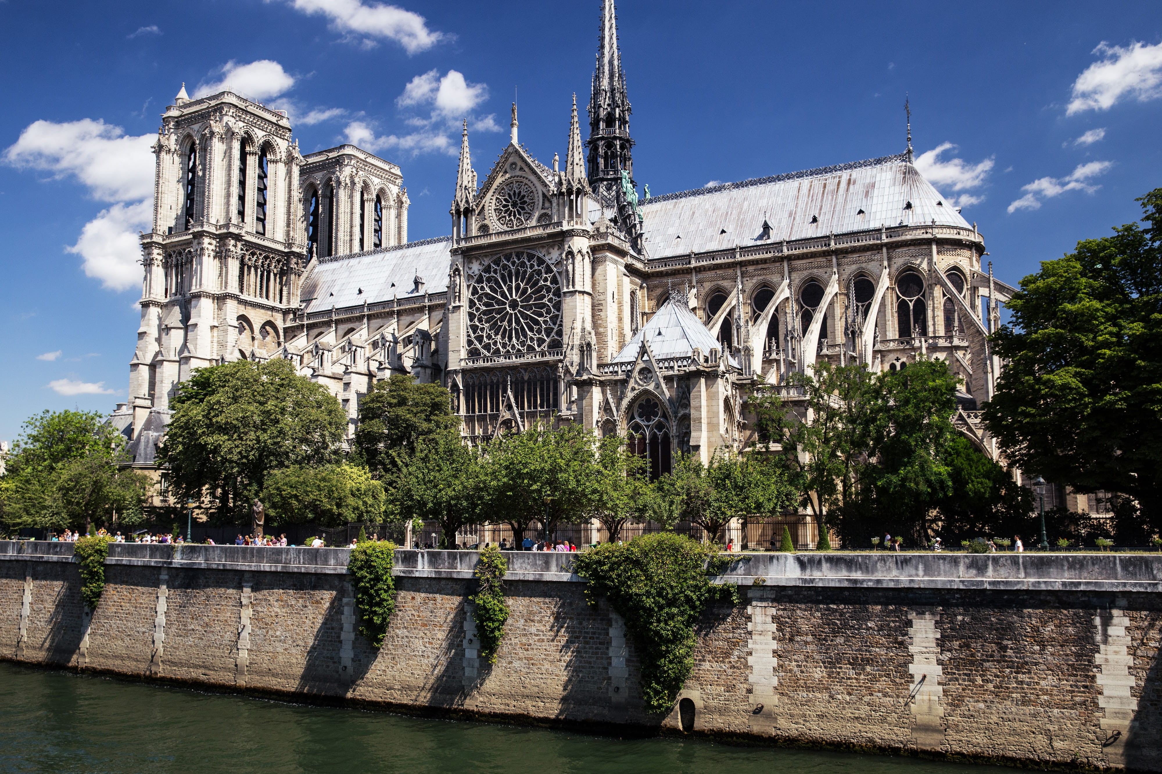 paris, notre, Notre Dame, architecture And Buildings, 4K, spire, no people, cloud - sky, building, notre Dame De Paris, urban, bridge - Man Made Structure, HD Wallpaper