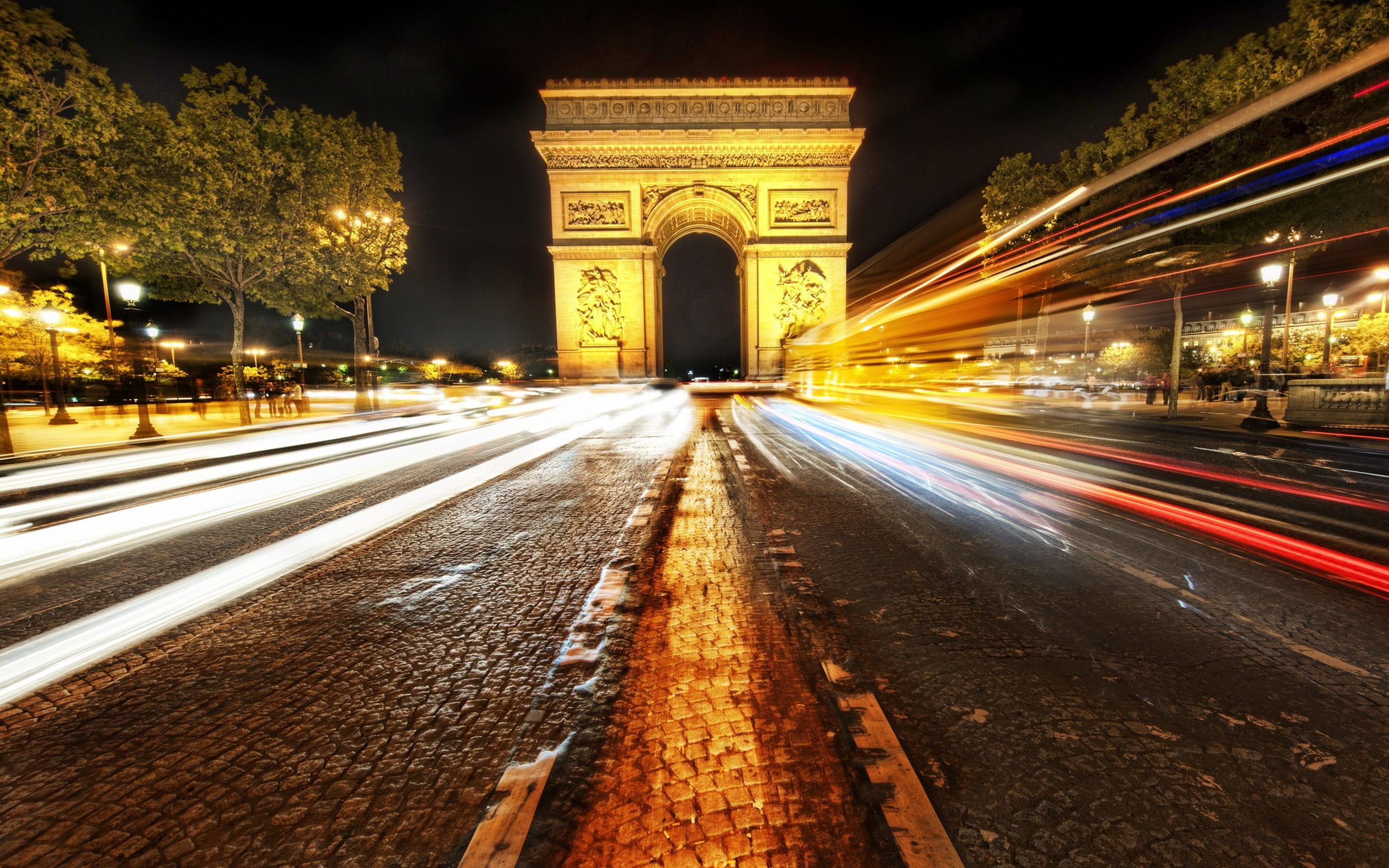 outdoors, building, transportation, architecture, built structure, light trail, night, cityscape, Paris, building exterior, speed, monument, photo, history, HD Wallpaper