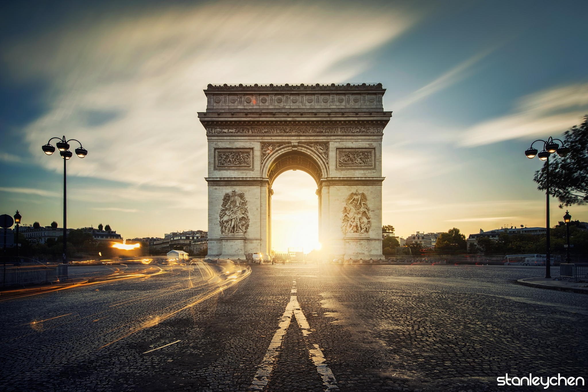 1080P, the way forward, travel destinations, transportation, triumphal arch, built structure, the city, road, lens flare, outdoors, arc, nature, sky, travel, HD Wallpaper