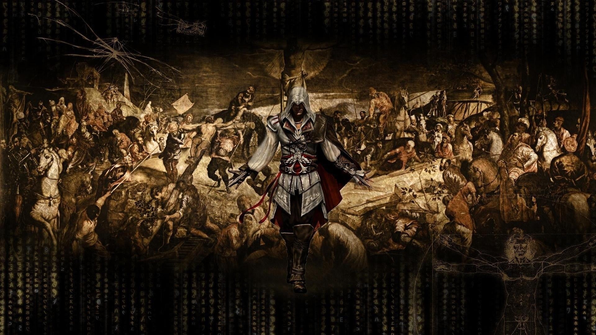 crowd, costume, warrior, mask, architecture, Assassins Creed, illustration, evil, indoors, adult, lifestyles, real people, video games, tree, night, Ezio Auditore da Firenze, HD Wallpaper