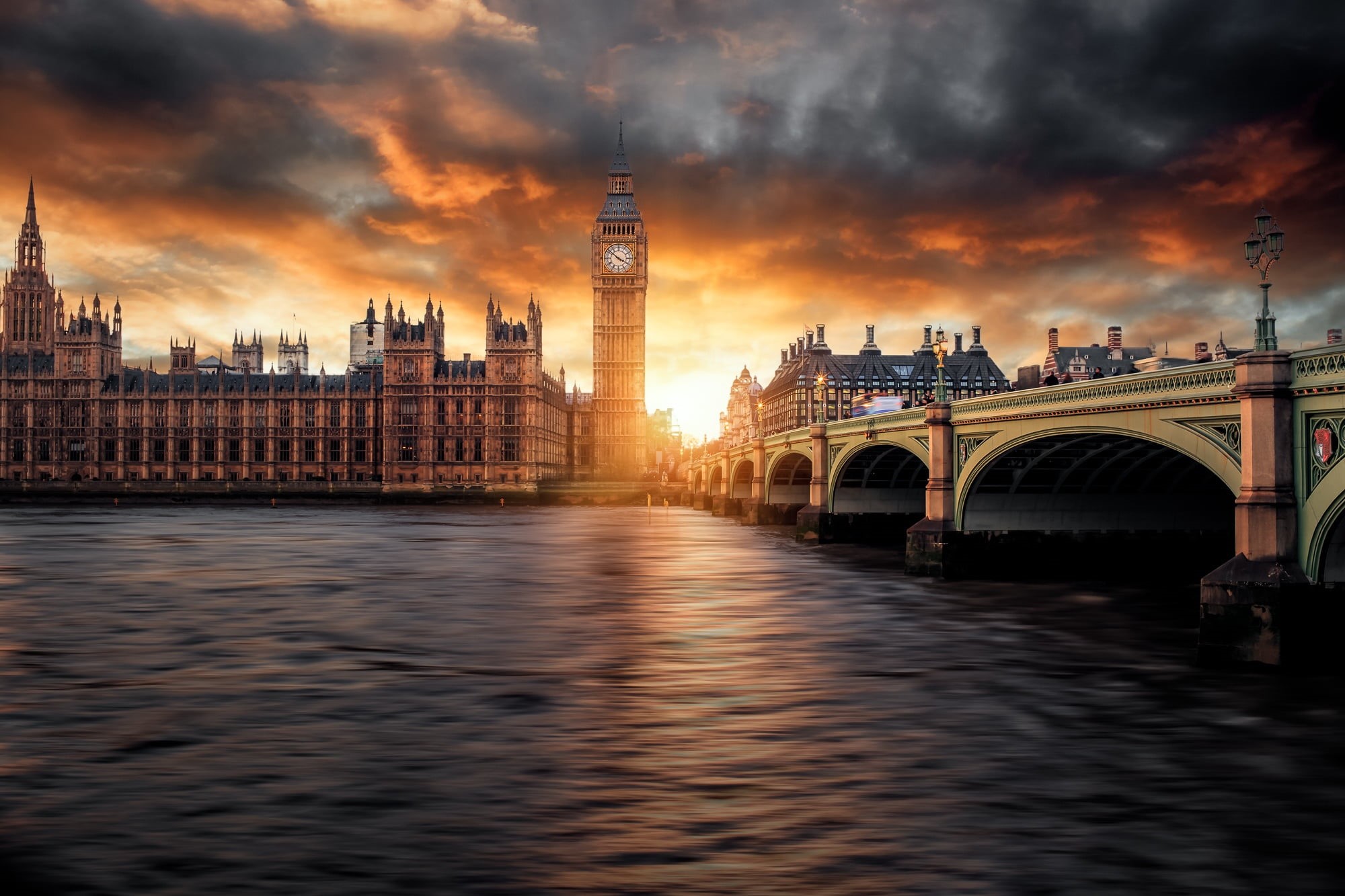 tower, nature, sky, cloud - sky, 1080P, sunset, the sky, cityscape, arch bridge, waterfront, no people, bridge - man made structure, Parliament, clock tower, HD Wallpaper