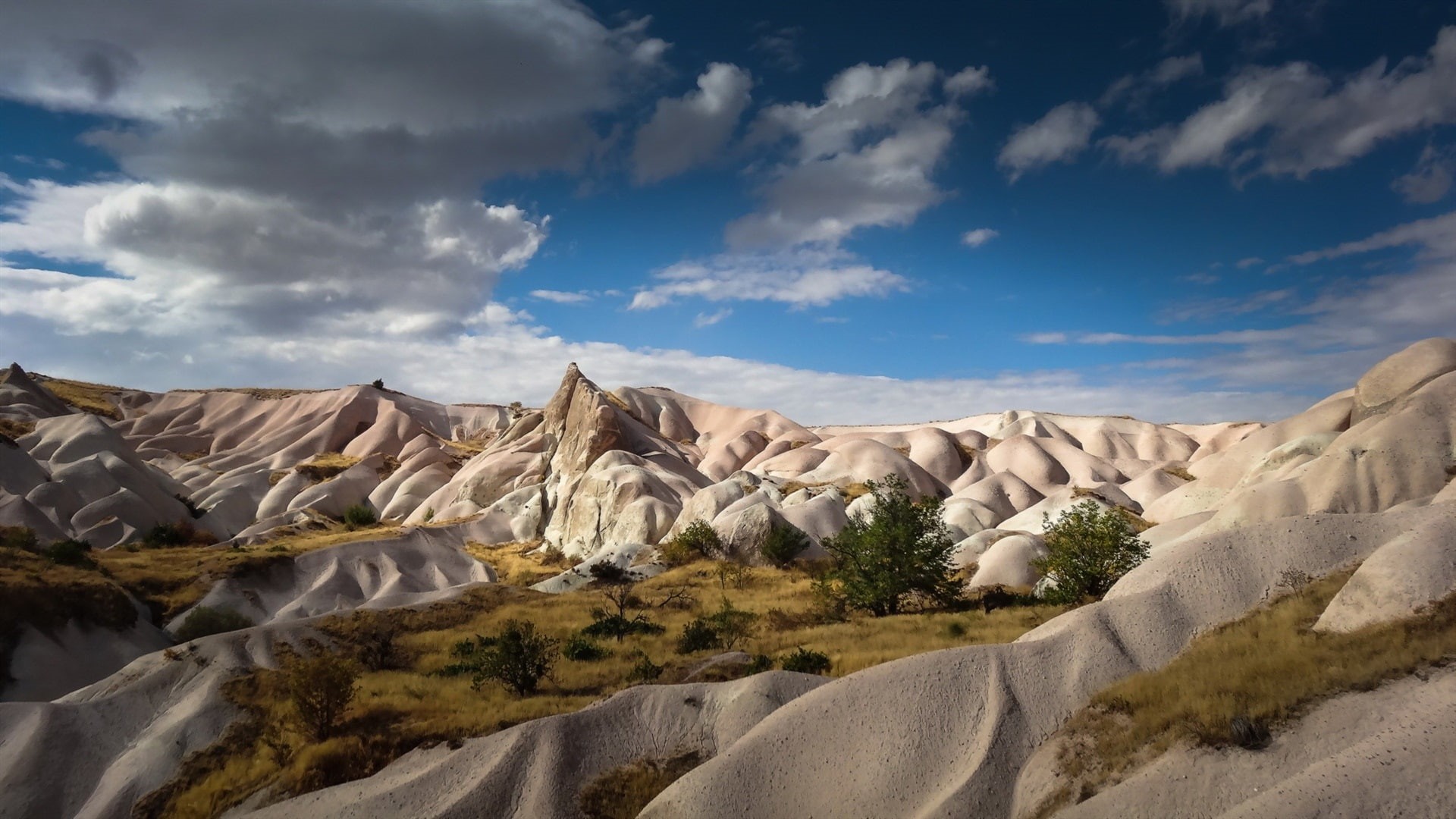 Landscape, Valley, Cappadocia, Beautiful, range, 1080P, Zemi, white, green, mountain, Turkey, Blue, Sky, HD Wallpaper